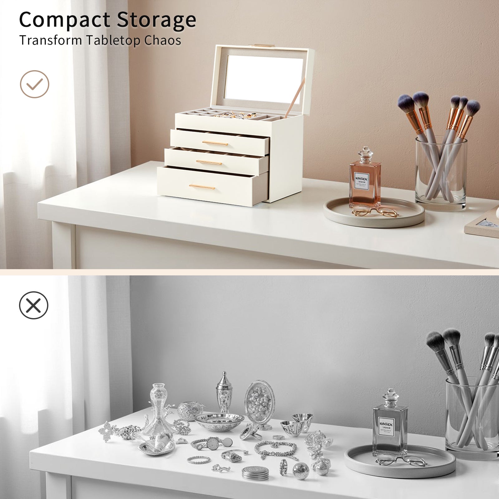 HAOYYE Deluxe 2-Drawer Jewelry Box with Clear Top White Wooden Case Pink Velvet Lining Elegant Storage for Accessories