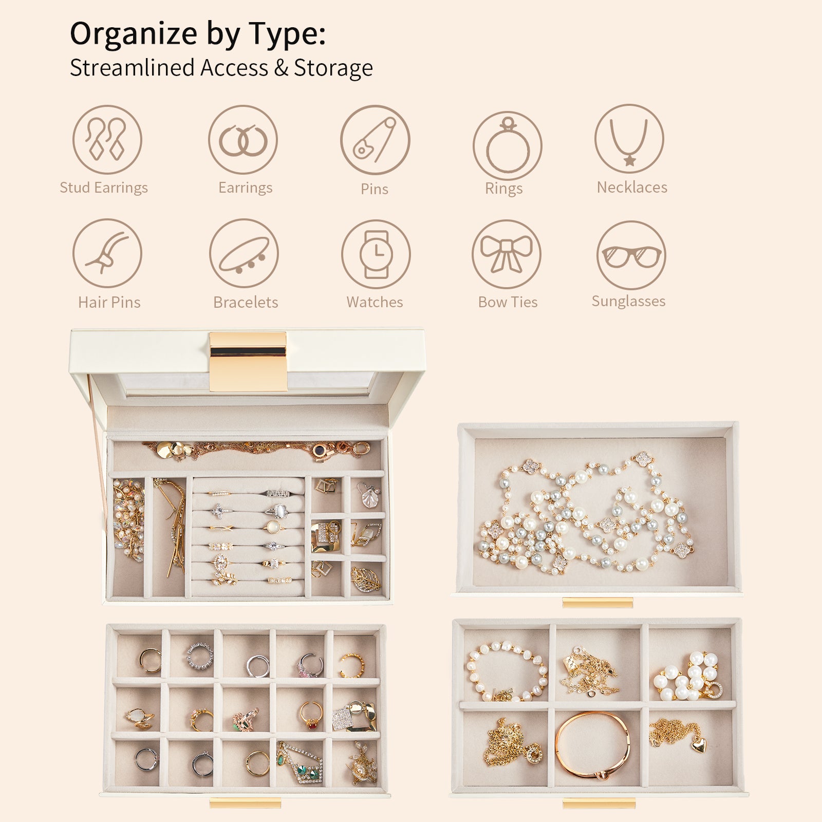 HAOYYE Deluxe 2-Drawer Jewelry Box with Clear Top White Wooden Case Pink Velvet Lining Elegant Storage for Accessories
