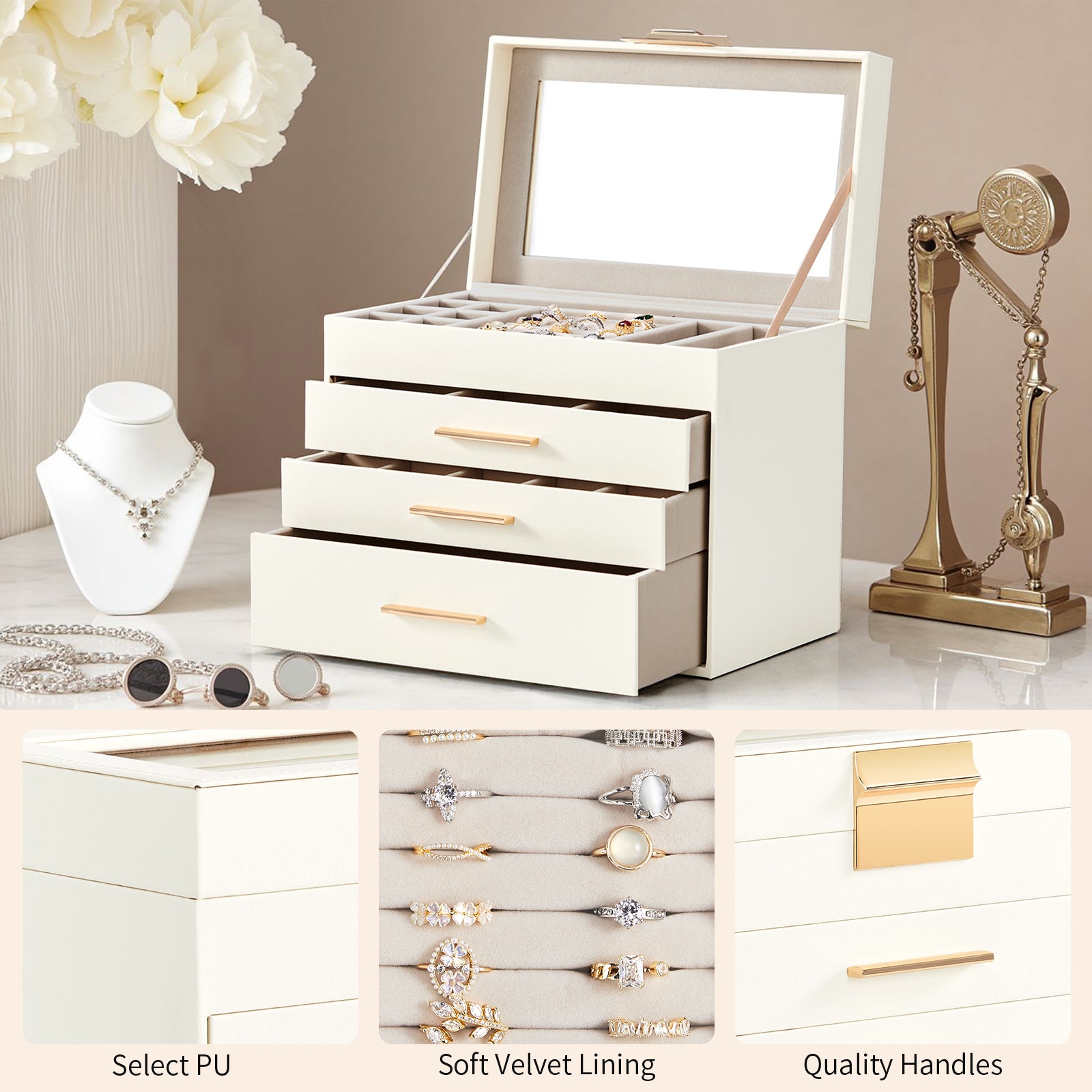 HAOYYE Deluxe 2-Drawer Jewelry Box with Clear Top White Wooden Case Pink Velvet Lining Elegant Storage for Accessories