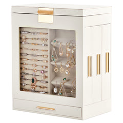 HAOYYE White 4-Drawer Jewelry Box with Clear Acrylic Front and Pink Velvet Lining, Elegant Wooden Organizer Cabinet for Rings Necklaces Bracelets Earrings, Compact Storage for Vanity Dresser