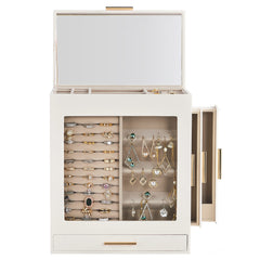 HAOYYE White 4-Drawer Jewelry Box with Clear Acrylic Front and Pink Velvet Lining, Elegant Wooden Organizer Cabinet for Rings Necklaces Bracelets Earrings, Compact Storage for Vanity Dresser