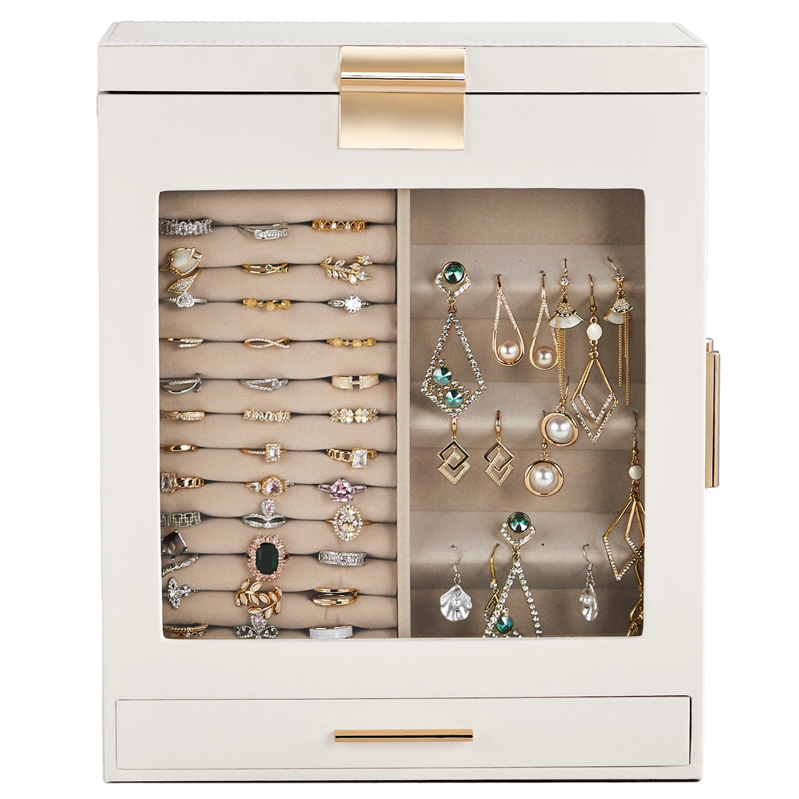 HAOYYE White 4-Drawer Jewelry Box with Clear Acrylic Front and Pink Velvet Lining, Elegant Wooden Organizer Cabinet for Rings Necklaces Bracelets Earrings, Compact Storage for Vanity Dresser