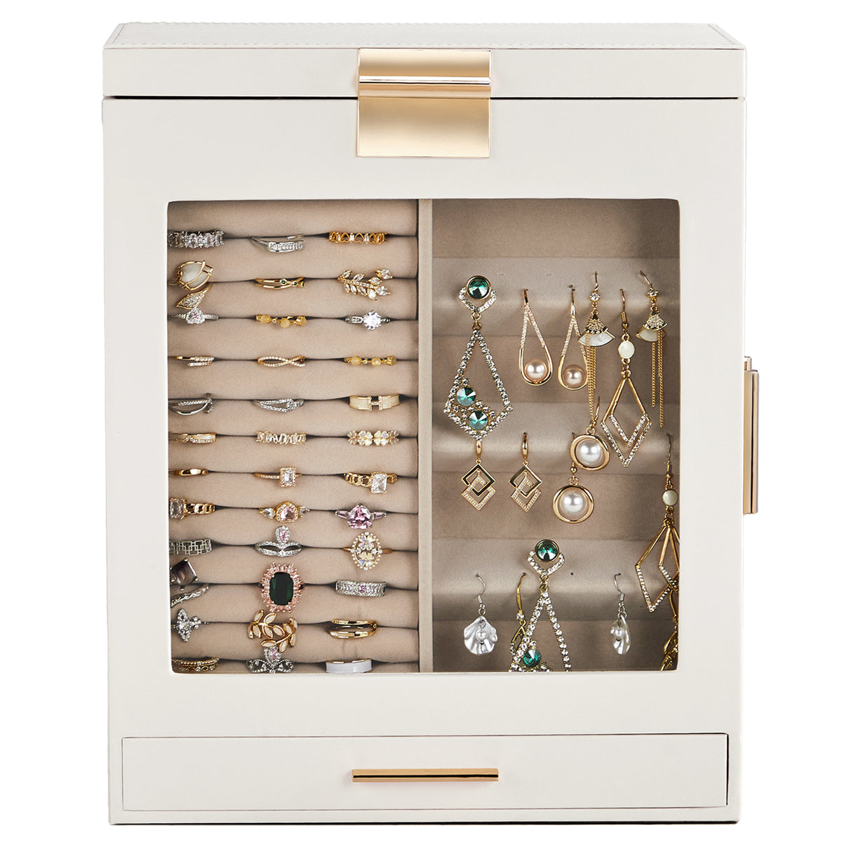 HAOYYE White 4-Drawer Jewelry Box with Clear Acrylic Front and Pink Velvet Lining, Elegant Wooden Organizer Cabinet for Rings Necklaces Bracelets Earrings, Compact Storage for Vanity Dresser