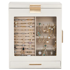 HAOYYE White 4-Drawer Jewelry Box with Clear Acrylic Front and Pink Velvet Lining, Elegant Wooden Organizer Cabinet for Rings Necklaces Bracelets Earrings, Compact Storage for Vanity Dresser