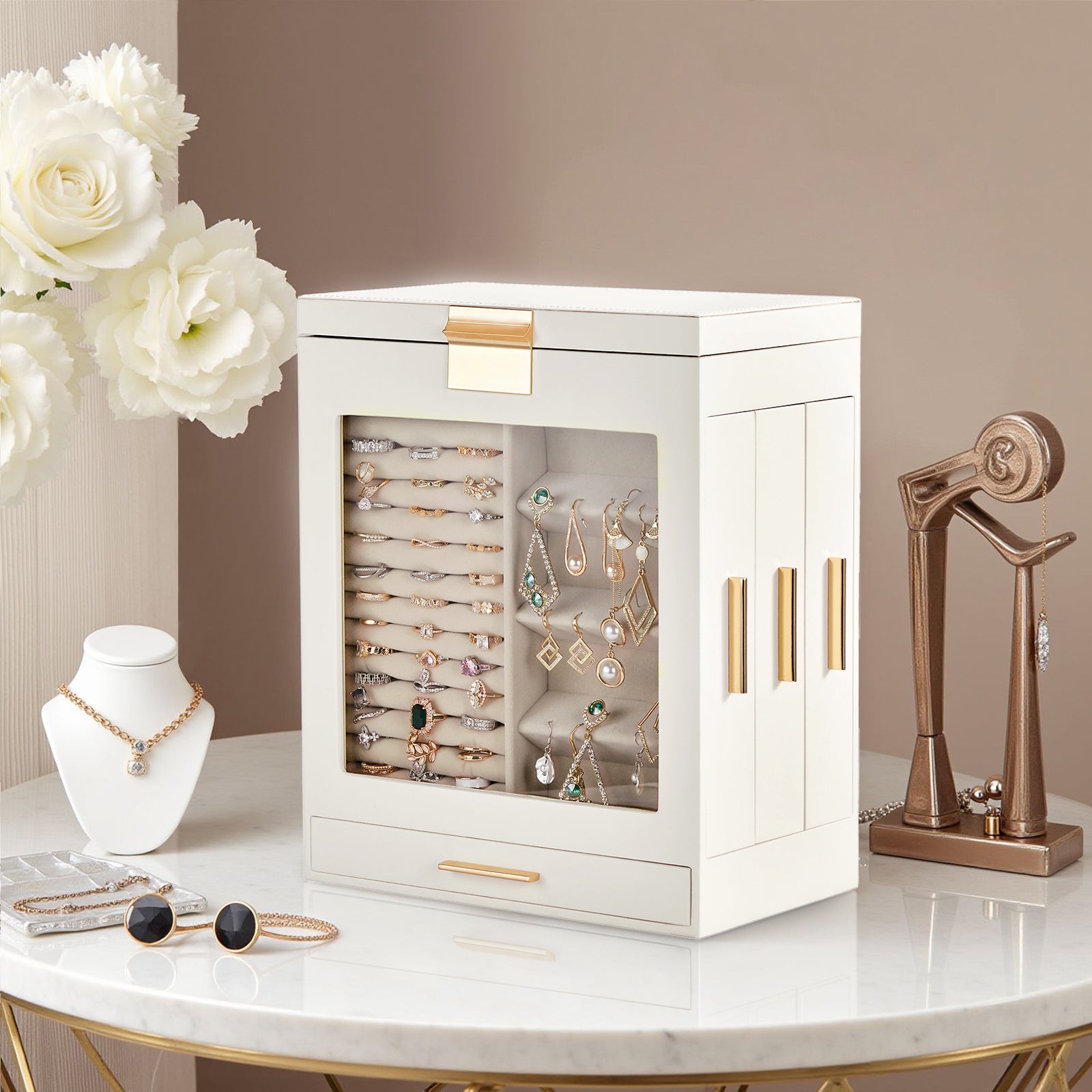 HAOYYE White 4-Drawer Jewelry Box with Clear Acrylic Front and Pink Velvet Lining, Elegant Wooden Organizer Cabinet for Rings Necklaces Bracelets Earrings, Compact Storage for Vanity Dresser