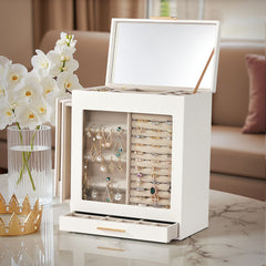 HAOYYE White 4-Drawer Jewelry Box with Clear Acrylic Front and Pink Velvet Lining, Elegant Wooden Organizer Cabinet for Rings Necklaces Bracelets Earrings, Compact Storage for Vanity Dresser