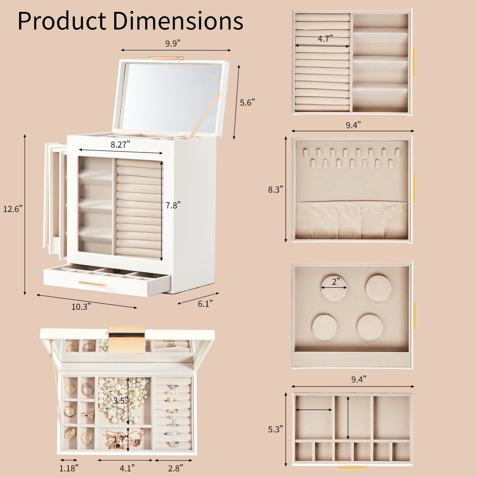 HAOYYE White 4-Drawer Jewelry Box with Clear Acrylic Front and Pink Velvet Lining, Elegant Wooden Organizer Cabinet for Rings Necklaces Bracelets Earrings, Compact Storage for Vanity Dresser