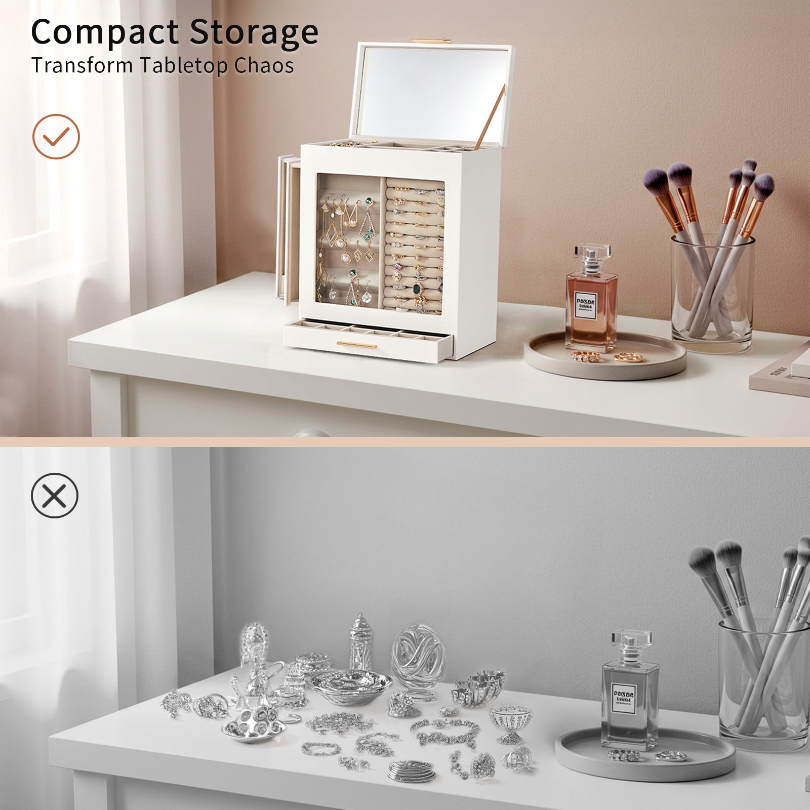 HAOYYE White 4-Drawer Jewelry Box with Clear Acrylic Front and Pink Velvet Lining, Elegant Wooden Organizer Cabinet for Rings Necklaces Bracelets Earrings, Compact Storage for Vanity Dresser