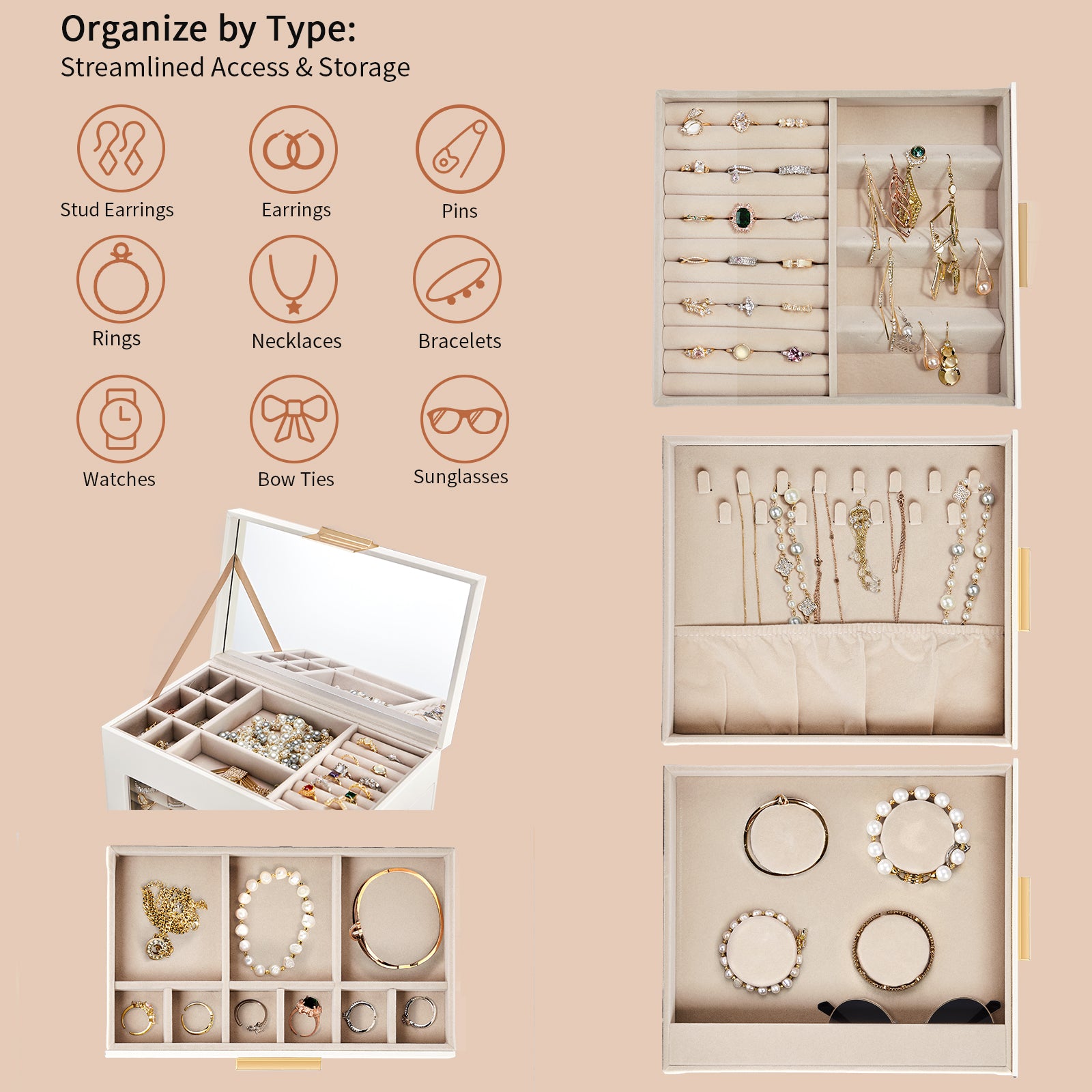 HAOYYE White 4-Drawer Jewelry Box with Clear Acrylic Front and Pink Velvet Lining, Elegant Wooden Organizer Cabinet for Rings Necklaces Bracelets Earrings, Compact Storage for Vanity Dresser