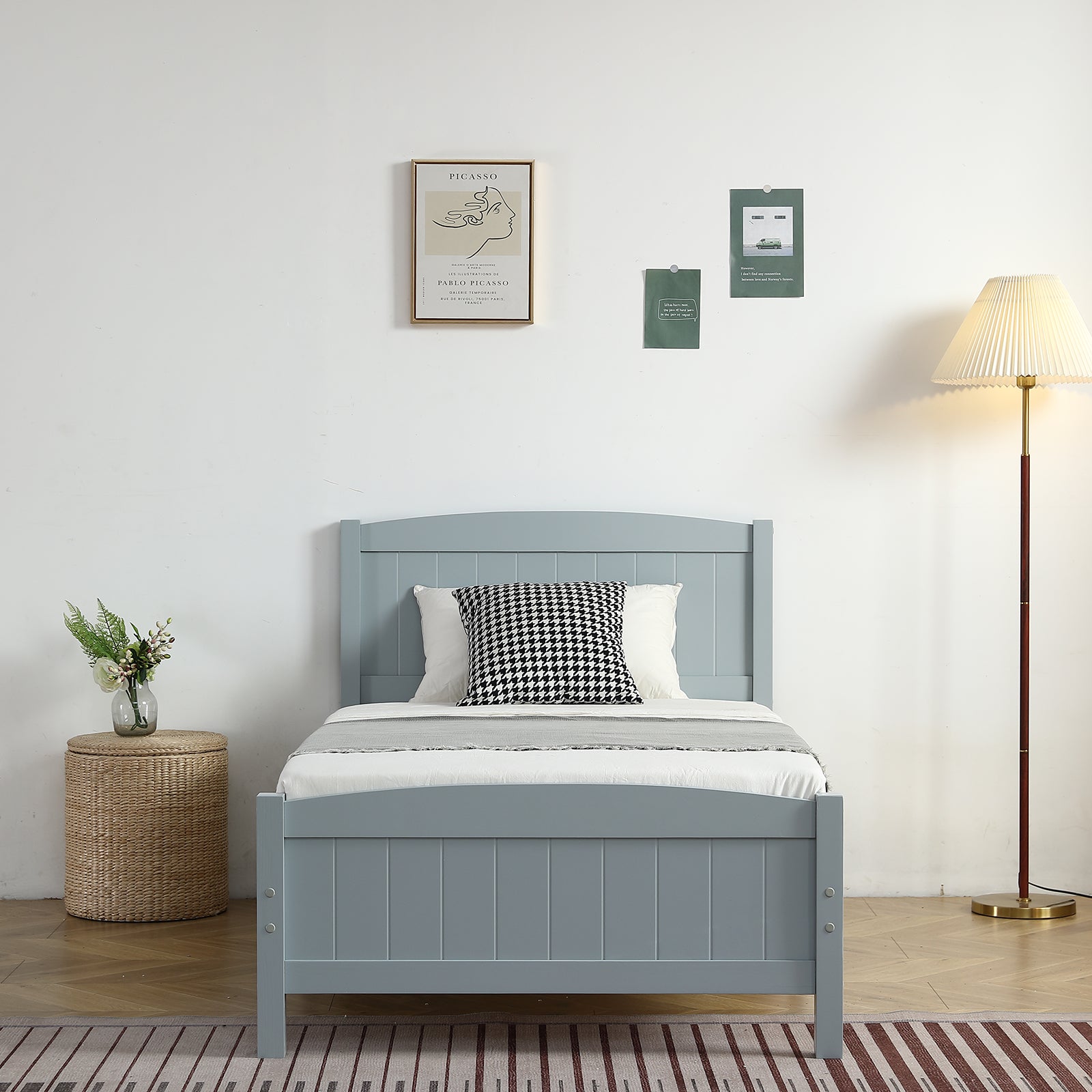 HAOYYE Twin Size Wood Platform Bed Frame with Curved Vertical Panel Headboard and Matching Footboard Sturdy Pine Wood Structure Single Layer Design for Bedroom Apartment Dorm Modern Minimalist Grey Finish Easy Assembly Noise Free Support