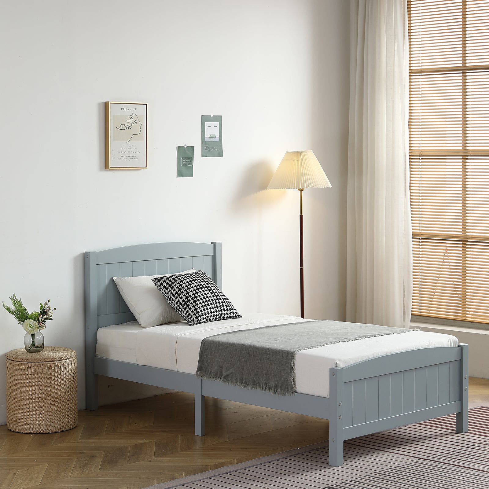 HAOYYE Twin Size Wood Platform Bed Frame with Curved Vertical Panel Headboard and Matching Footboard Sturdy Pine Wood Structure Single Layer Design for Bedroom Apartment Dorm Modern Minimalist Grey Finish Easy Assembly Noise Free Support