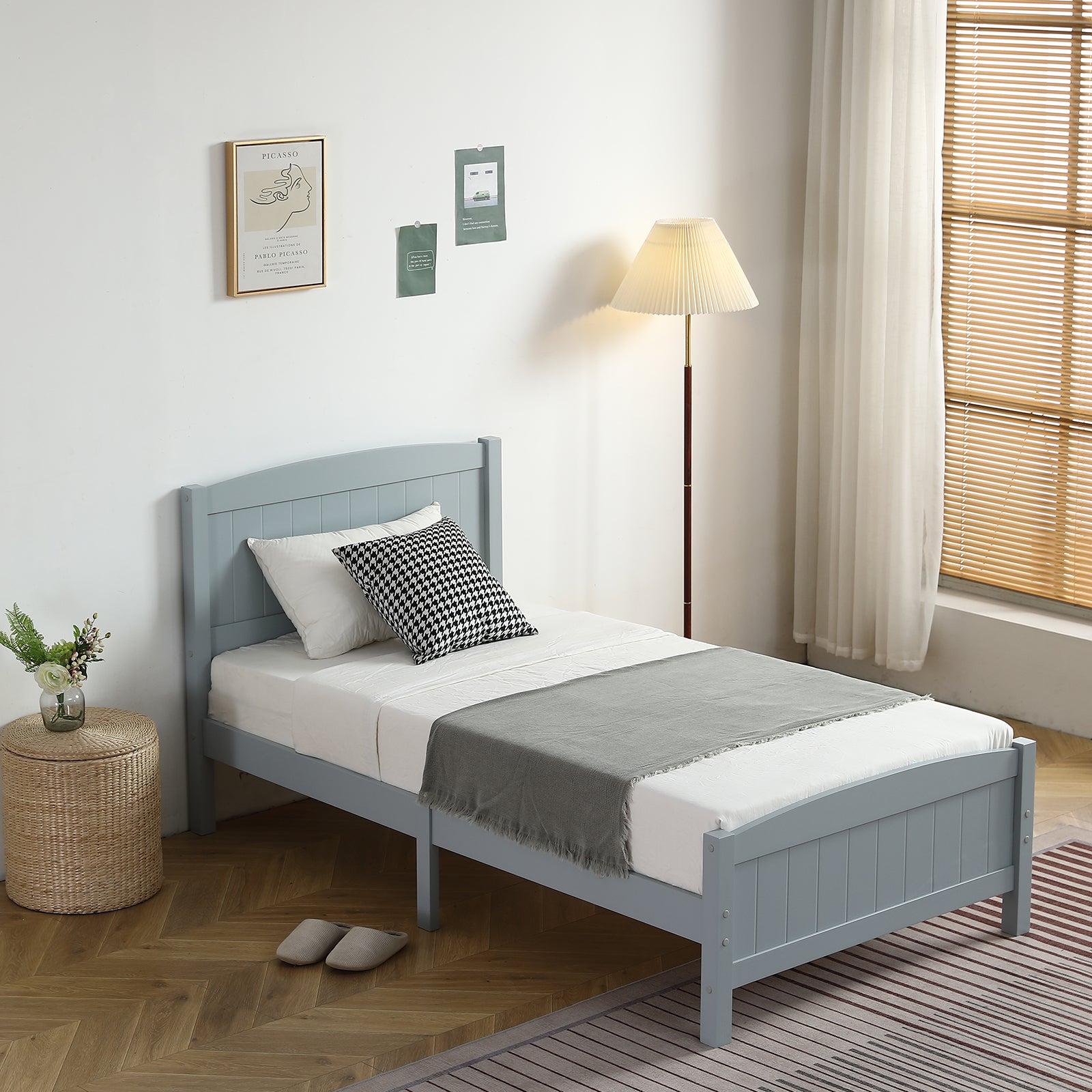 HAOYYE Twin Size Wood Platform Bed Frame with Curved Vertical Panel Headboard and Matching Footboard Sturdy Pine Wood Structure Single Layer Design for Bedroom Apartment Dorm Modern Minimalist Grey Finish Easy Assembly Noise Free Support