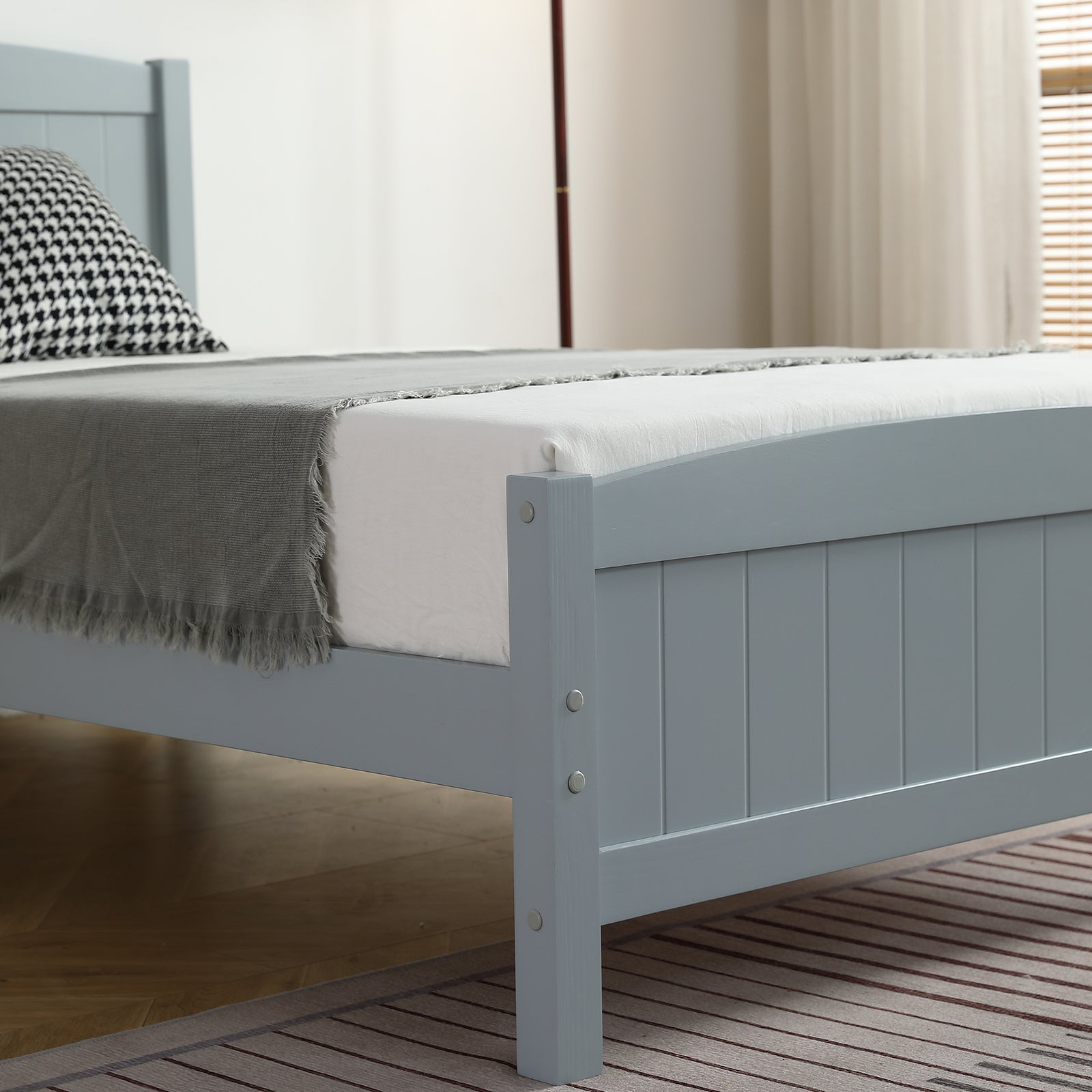 HAOYYE Twin Size Wood Platform Bed Frame with Curved Vertical Panel Headboard and Matching Footboard Sturdy Pine Wood Structure Single Layer Design for Bedroom Apartment Dorm Modern Minimalist Grey Finish Easy Assembly Noise Free Support