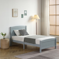 HAOYYE Twin Size Wood Platform Bed Frame with Curved Vertical Panel Headboard and Matching Footboard Sturdy Pine Wood Structure Single Layer Design for Bedroom Apartment Dorm Modern Minimalist Grey Finish Easy Assembly Noise Free Support