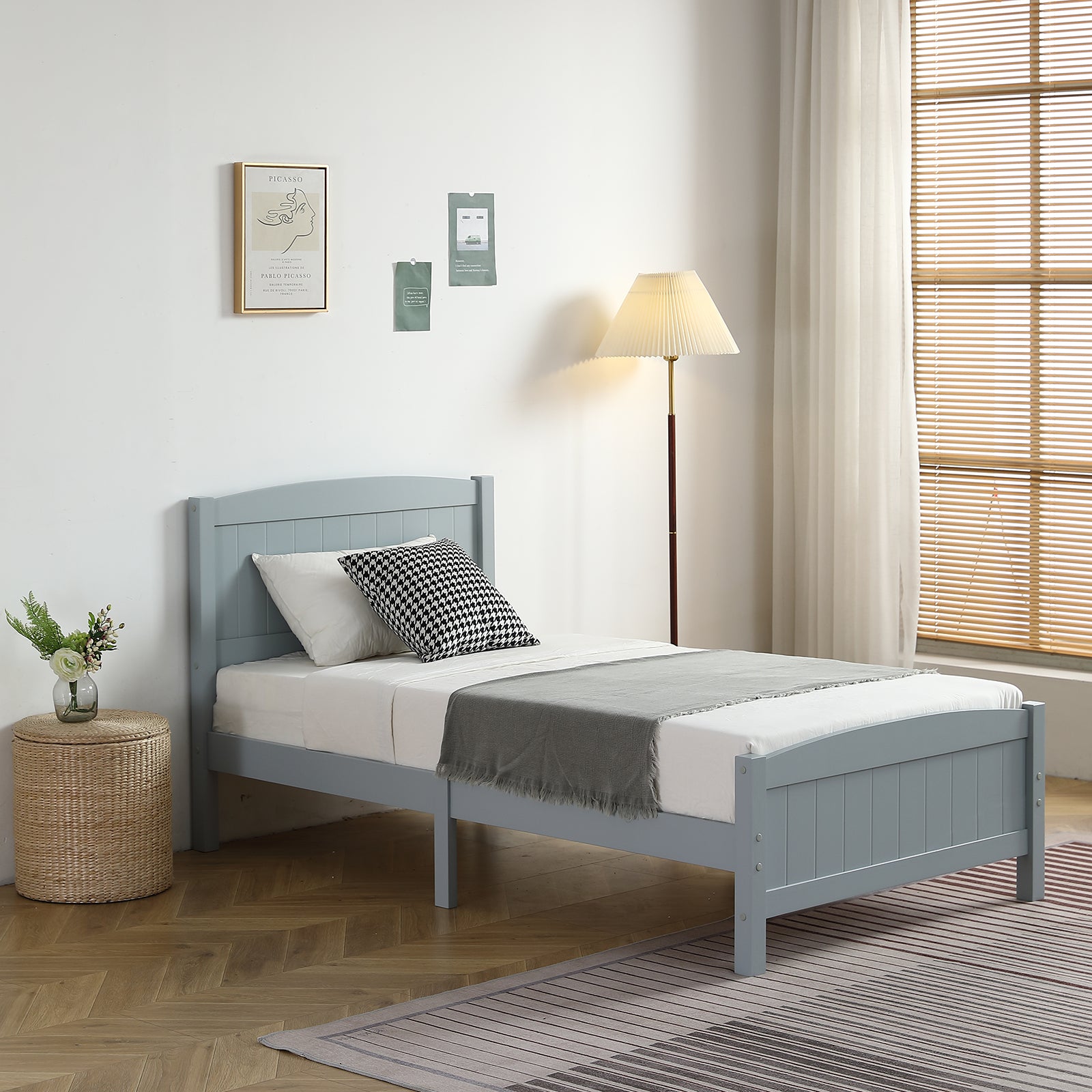 HAOYYE Twin Size Wood Platform Bed Frame with Curved Vertical Panel Headboard and Matching Footboard Sturdy Pine Wood Structure Single Layer Design for Bedroom Apartment Dorm Modern Minimalist Grey Finish Easy Assembly Noise Free Support