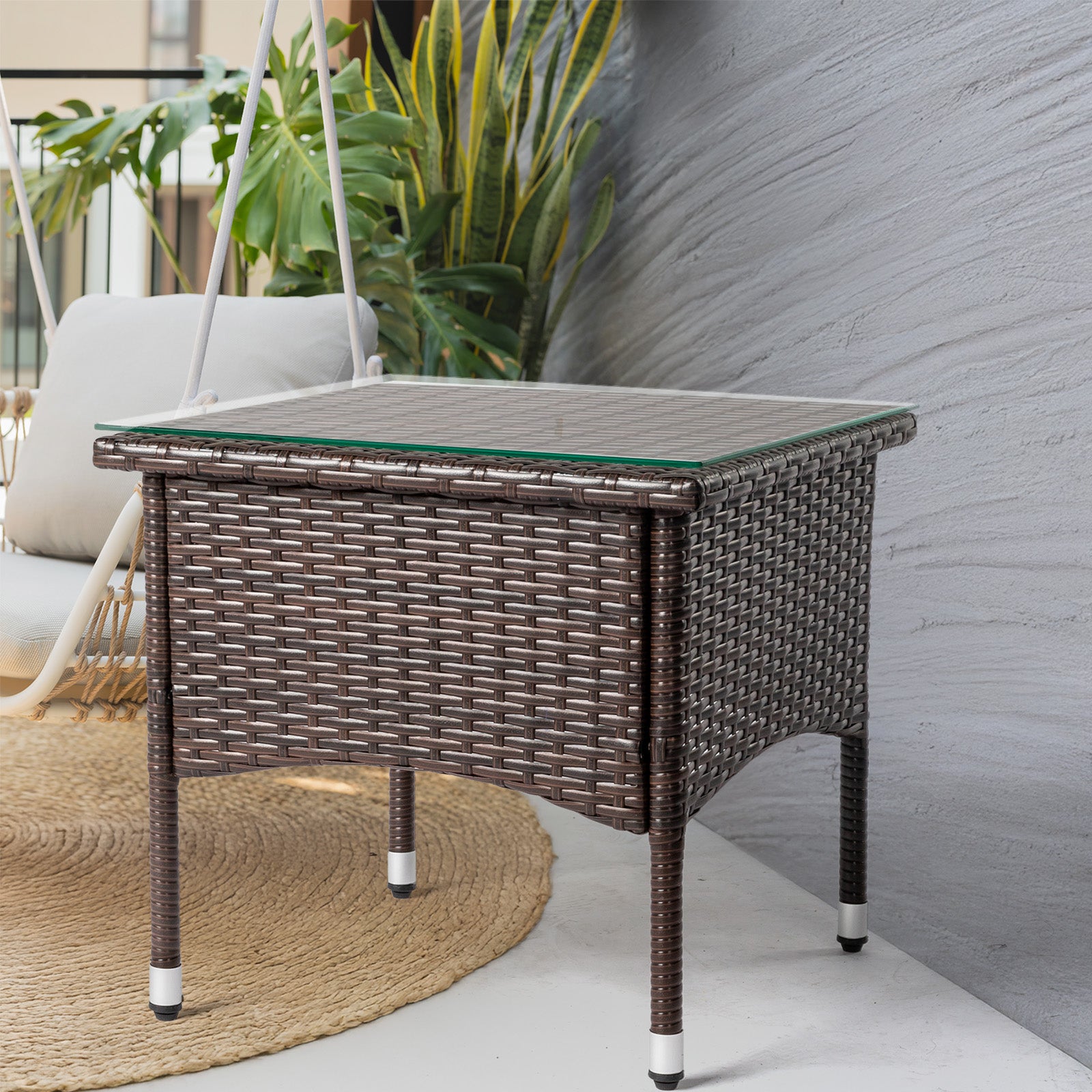 HAOYYE 20in Patio Side Table Outdoor Wicker Square End Table All-Weather Rattan Coffee Table with Tempered Glass Top for Balcony Deck Porch Poolside Small Space Furniture