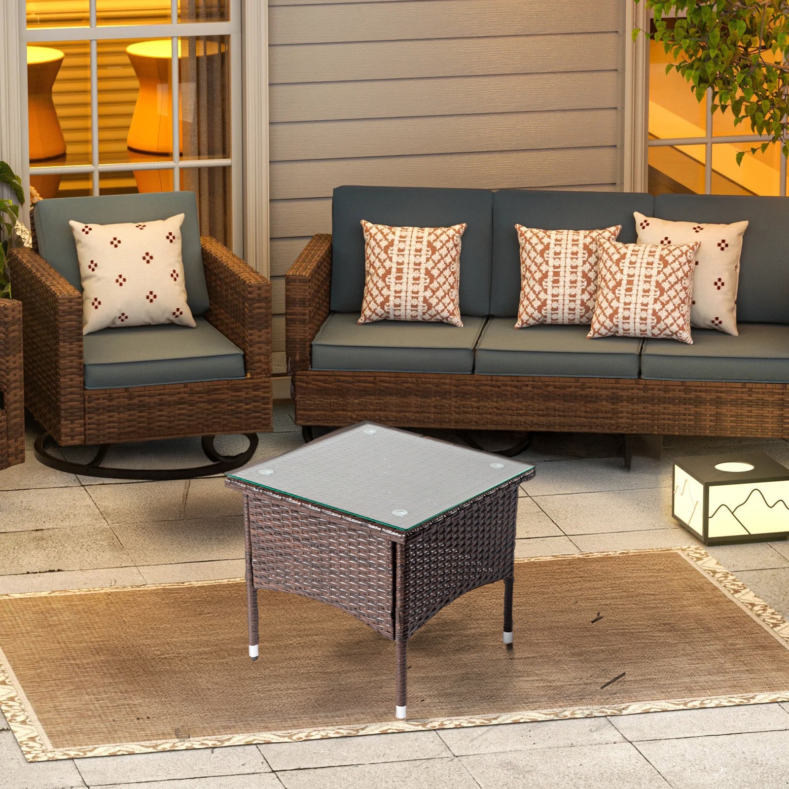 HAOYYE 20in Patio Side Table Outdoor Wicker Square End Table All-Weather Rattan Coffee Table with Tempered Glass Top for Balcony Deck Porch Poolside Small Space Furniture