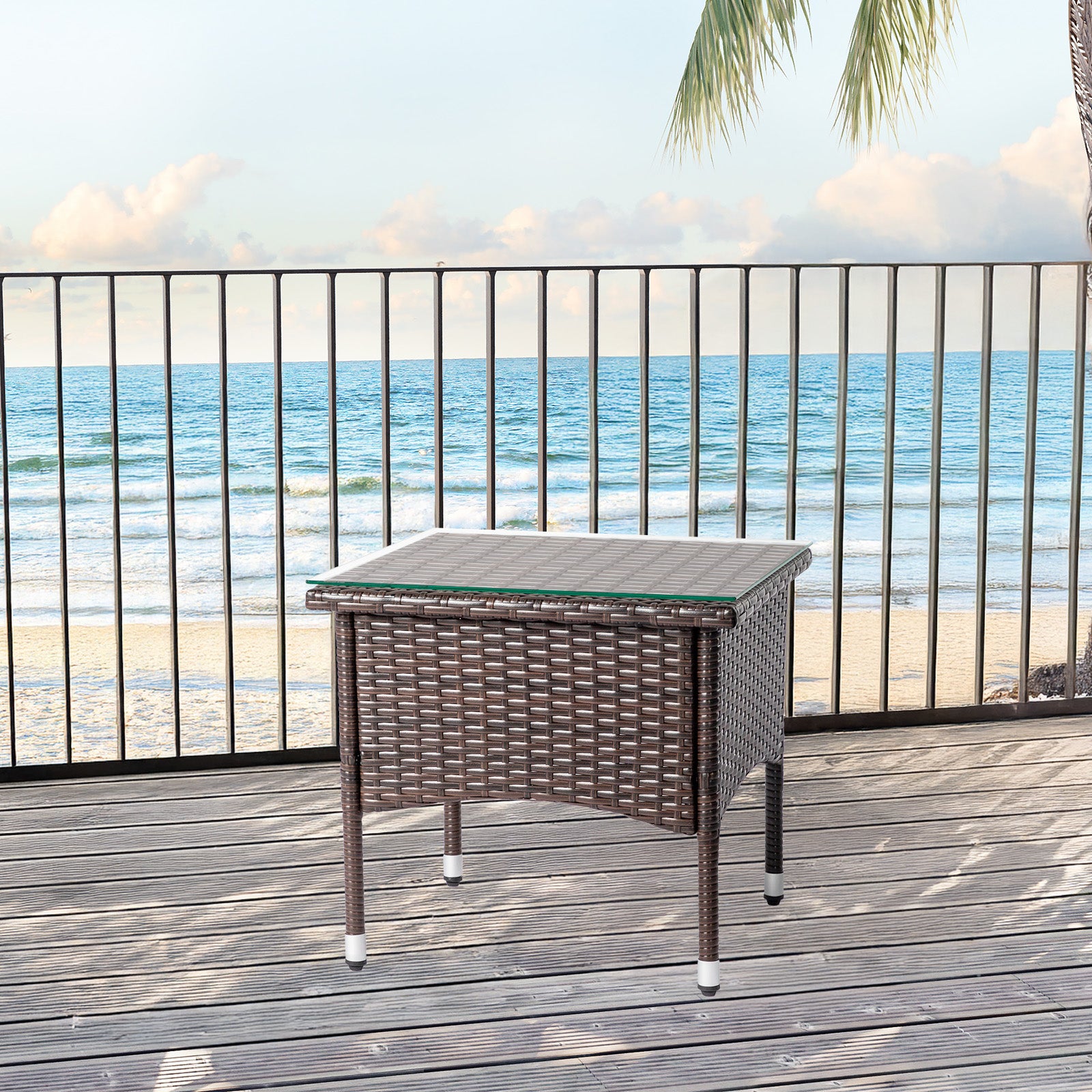 HAOYYE 20in Patio Side Table Outdoor Wicker Square End Table All-Weather Rattan Coffee Table with Tempered Glass Top for Balcony Deck Porch Poolside Small Space Furniture