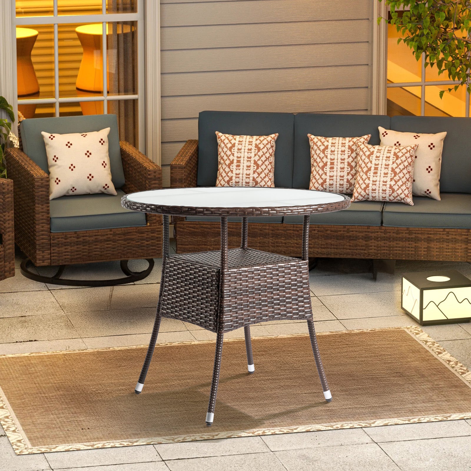 HAOYYE 31.5in Round Wicker Patio Dining Table for 2 to 4 Person Outdoor Rattan Bistro Table with Tempered Glass Top Weatherproof All-Weather Garden Deck Porch Poolside Furniture