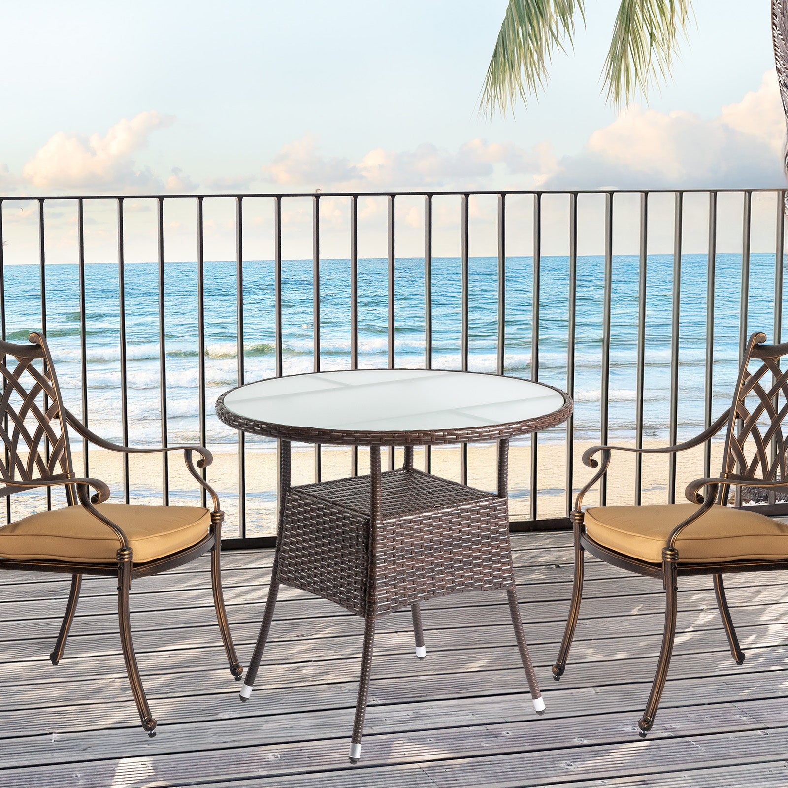 HAOYYE 31.5in Round Wicker Patio Dining Table for 2 to 4 Person Outdoor Rattan Bistro Table with Tempered Glass Top Weatherproof All-Weather Garden Deck Porch Poolside Furniture