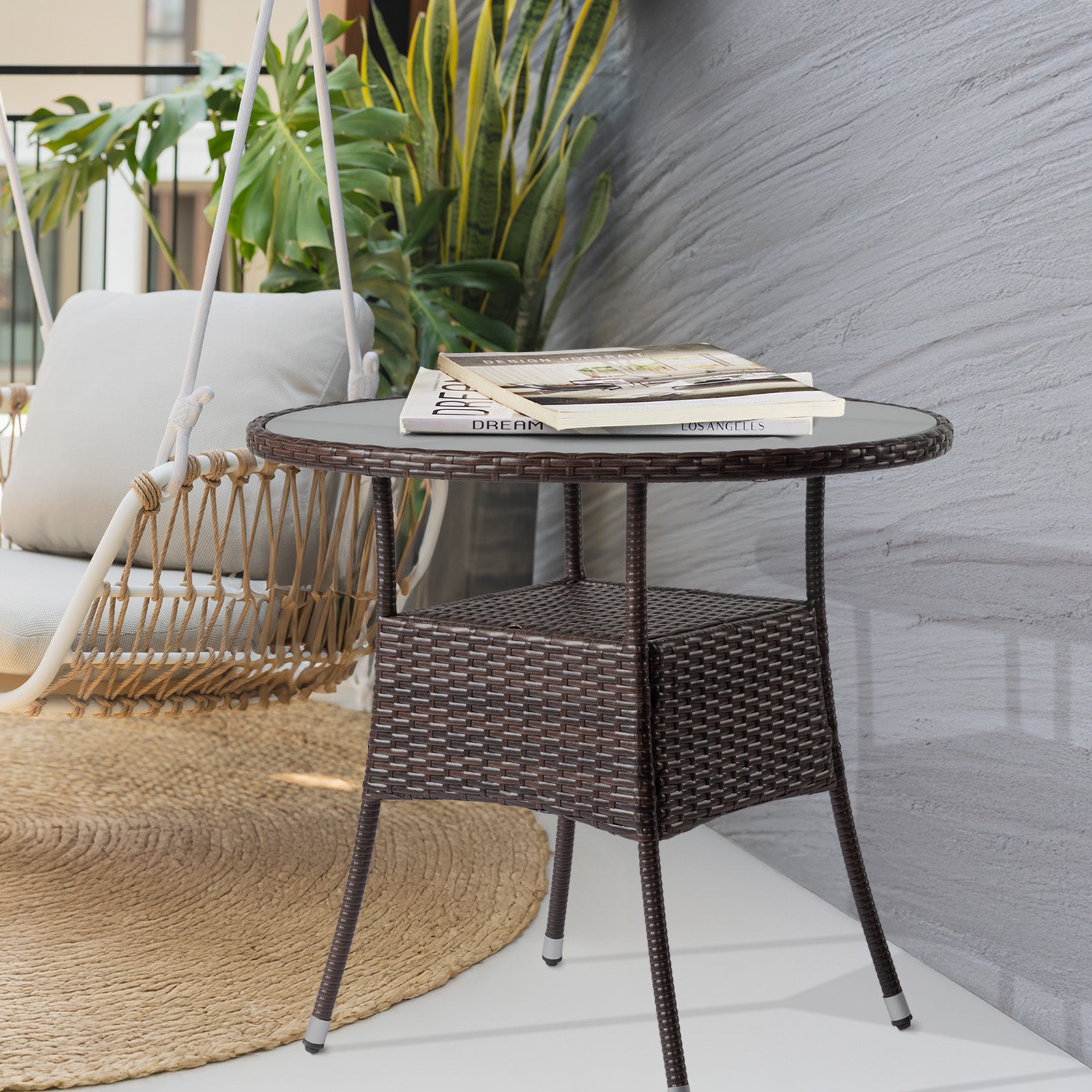 HAOYYE 31.5in Round Wicker Patio Dining Table for 2 to 4 Person Outdoor Rattan Bistro Table with Tempered Glass Top Weatherproof All-Weather Garden Deck Porch Poolside Furniture