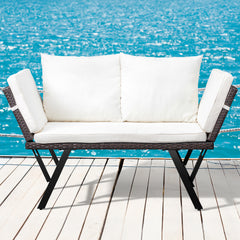 HAOYYE Outdoor Sofa Convertible Rattan Daybed Double Lounge Chair with Adjustable Armrests Weatherproof Woven Patio Furniture with Cushions and Pillows for Porch Pool Garden Backyard
