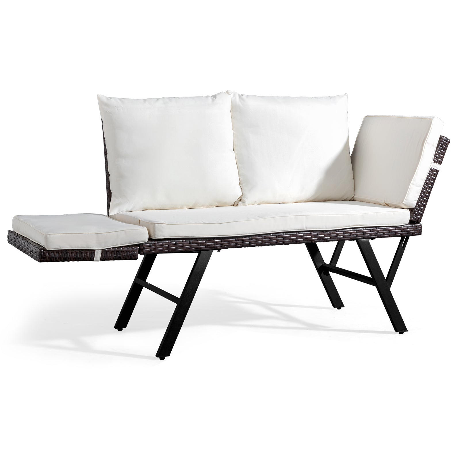 HAOYYE Outdoor Sofa Convertible Rattan Daybed Double Lounge Chair with Adjustable Armrests Weatherproof Woven Patio Furniture with Cushions and Pillows for Porch Pool Garden Backyard