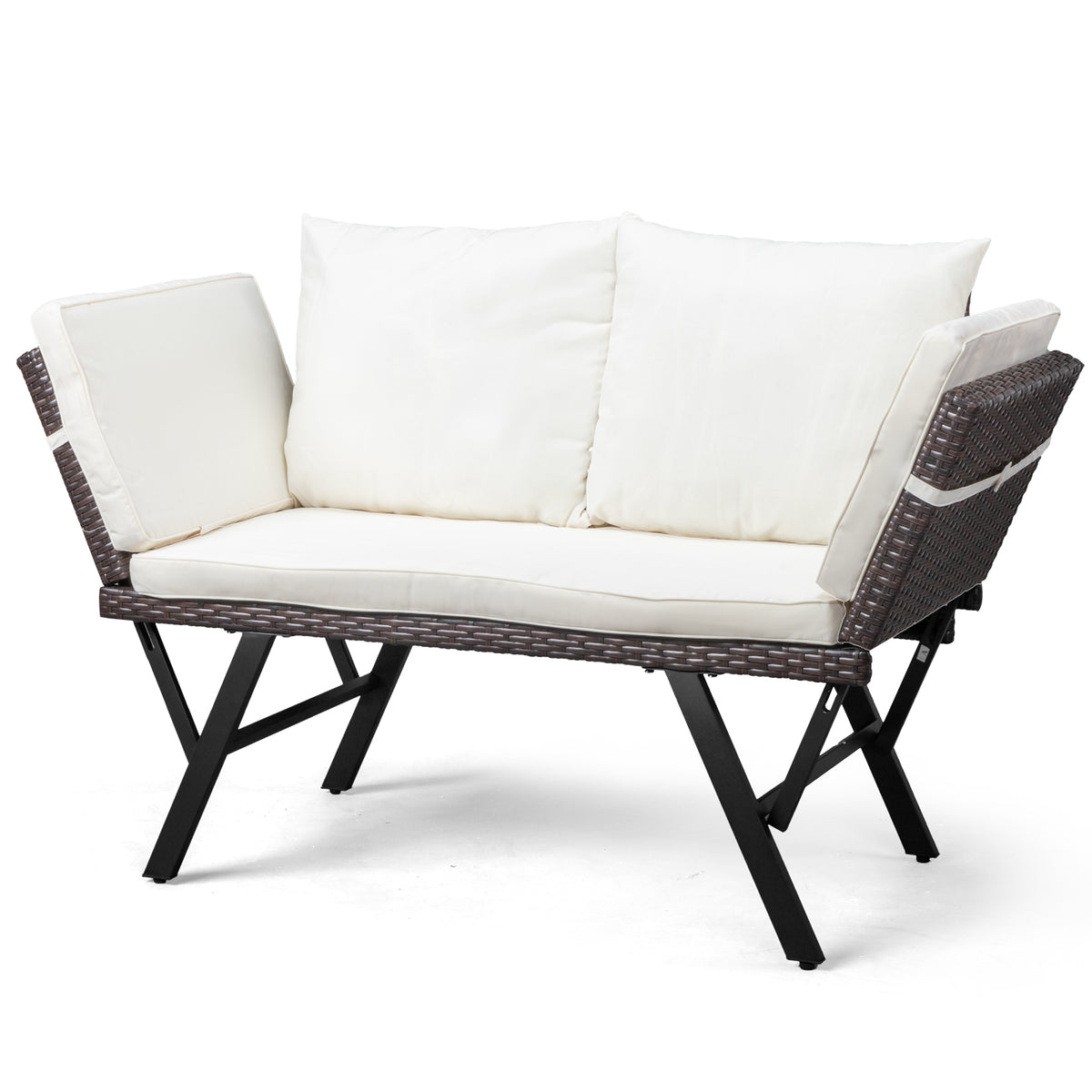 HAOYYE Outdoor Sofa Convertible Rattan Daybed Double Lounge Chair with Adjustable Armrests Weatherproof Woven Patio Furniture with Cushions and Pillows for Porch Pool Garden Backyard