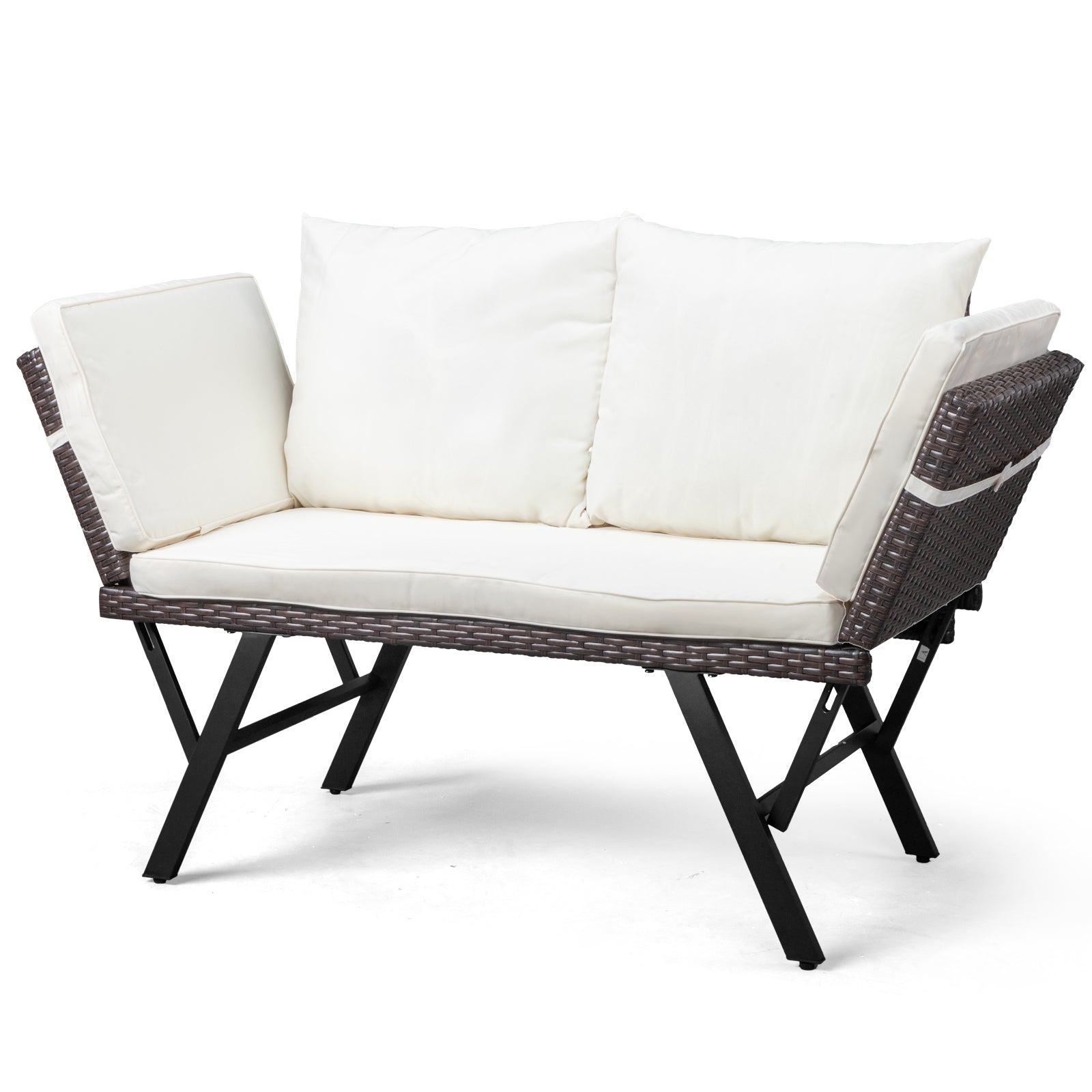 HAOYYE Outdoor Sofa Convertible Rattan Daybed Double Lounge Chair with Adjustable Armrests Weatherproof Woven Patio Furniture with Cushions and Pillows for Porch Pool Garden Backyard