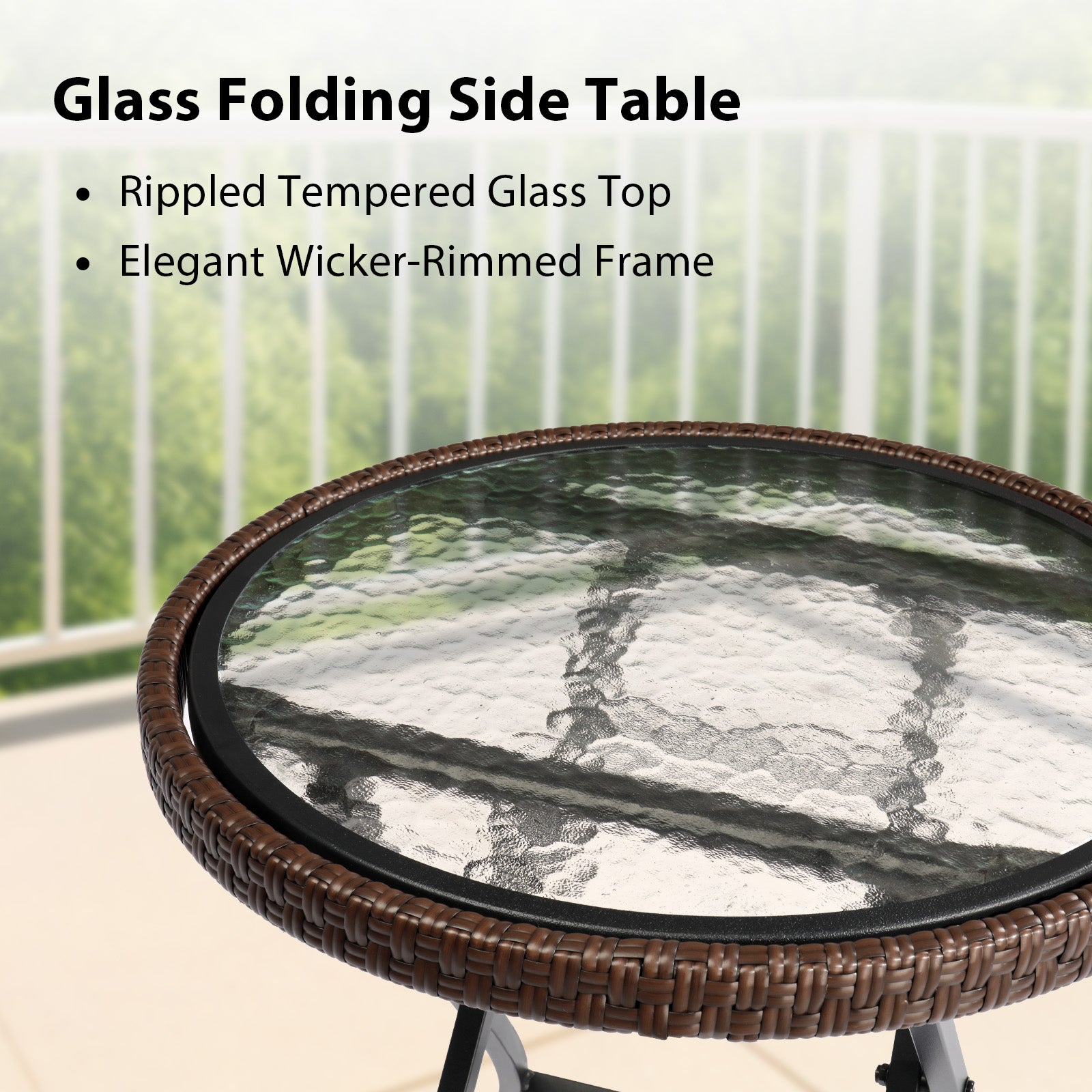 HAOYYE Outdoor Side Table Round Rattan Patio Table Small Foldable Wicker End Table with Tempered Glass Top for Balcony Lawn Garden Porch Deck Pool Compact Weather Resistant Coffee Table for Outdoor Furniture Use Brown