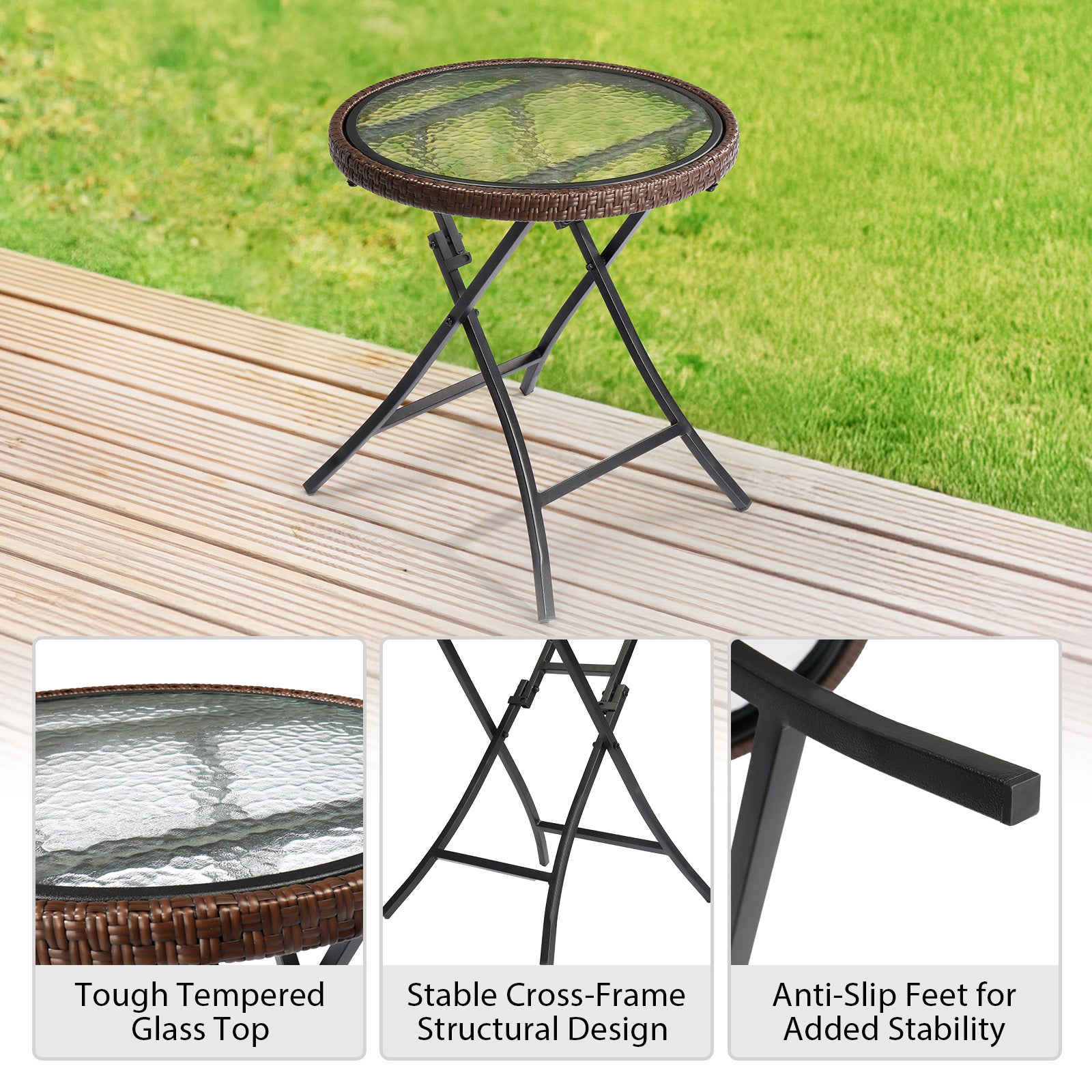 HAOYYE Outdoor Side Table Round Rattan Patio Table Small Foldable Wicker End Table with Tempered Glass Top for Balcony Lawn Garden Porch Deck Pool Compact Weather Resistant Coffee Table for Outdoor Furniture Use Brown