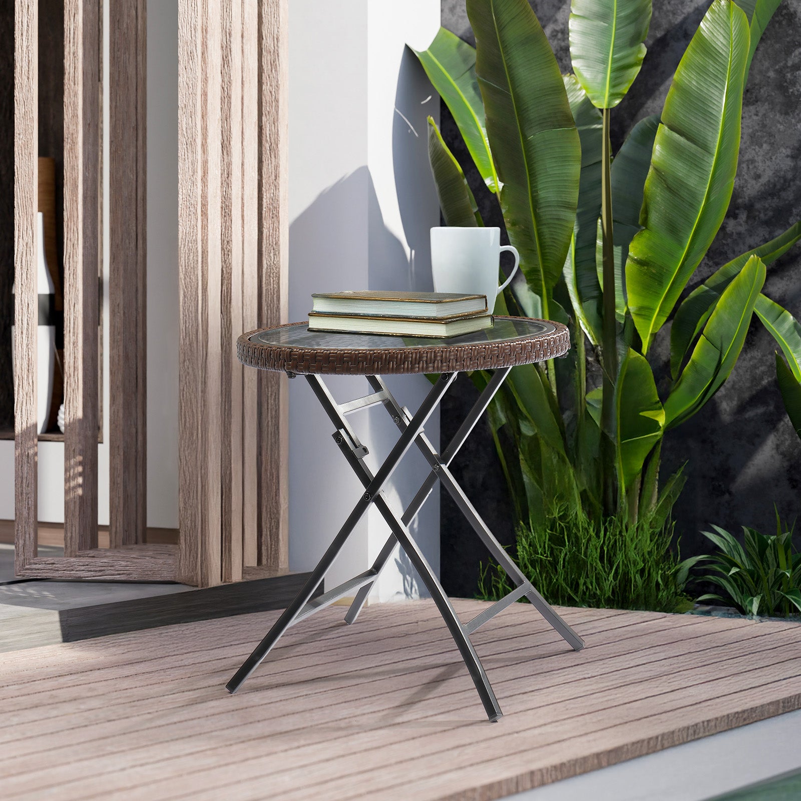 HAOYYE Outdoor Side Table Round Rattan Patio Table Small Foldable Wicker End Table with Tempered Glass Top for Balcony Lawn Garden Porch Deck Pool Compact Weather Resistant Coffee Table for Outdoor Furniture Use Brown