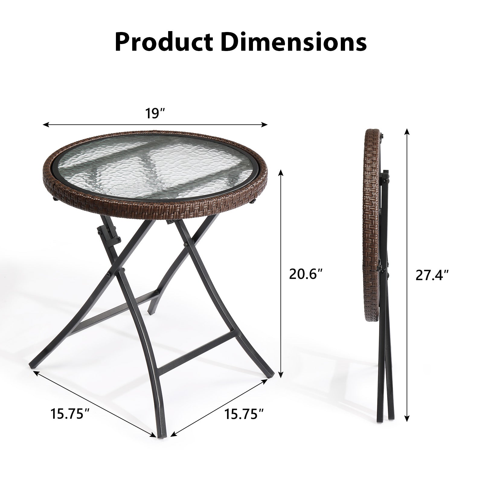 HAOYYE Outdoor Side Table Round Rattan Patio Table Small Foldable Wicker End Table with Tempered Glass Top for Balcony Lawn Garden Porch Deck Pool Compact Weather Resistant Coffee Table for Outdoor Furniture Use Brown