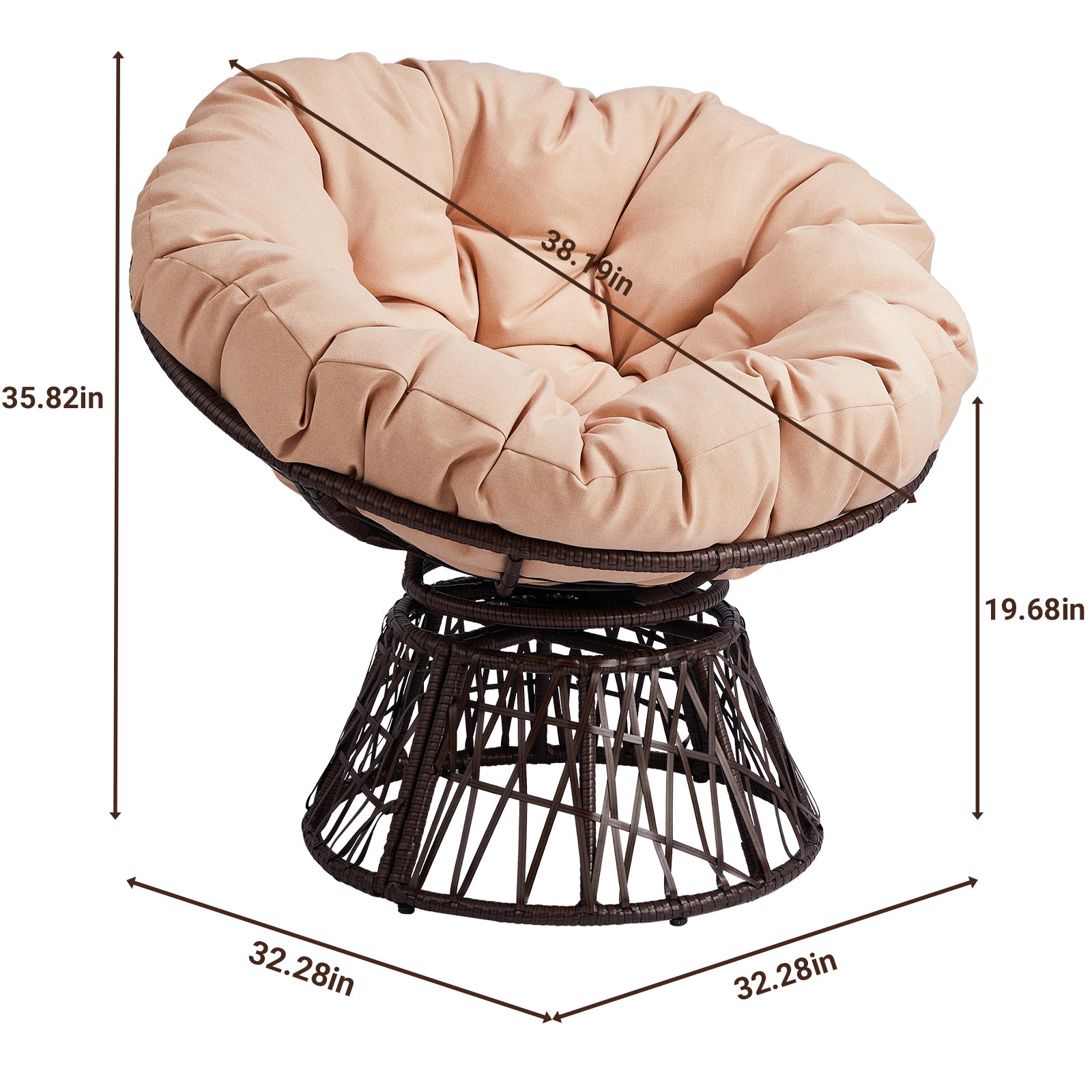 HAOYYE Ergonomic Swivel Wicker Papasan Chair with Thick Tufted Cushions, 360 Degree Rotatable Comfortable Lounge Chair for Living Room Bedroom Reading Nook, Stylish Beige Cushion for Ultimate Relaxation