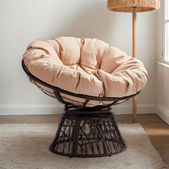 HAOYYE Ergonomic Swivel Wicker Papasan Chair with Thick Tufted Cushions, 360 Degree Rotatable Comfortable Lounge Chair for Living Room Bedroom Reading Nook, Stylish Beige Cushion for Ultimate Relaxation