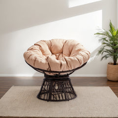 HAOYYE Ergonomic Swivel Wicker Papasan Chair with Thick Tufted Cushions, 360 Degree Rotatable Comfortable Lounge Chair for Living Room Bedroom Reading Nook, Stylish Beige Cushion for Ultimate Relaxation