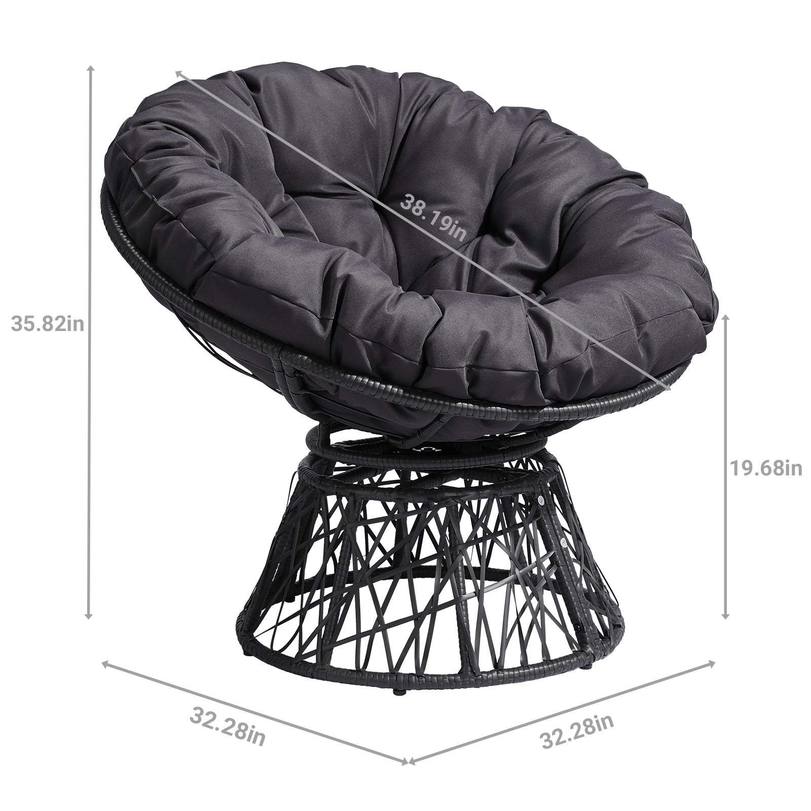 HAOYYE Ergonomic Swivel Wicker Papasan Chair With Thick Tufted Cushions, 360 Degree Rotatable Outdoor Indoor Lounge Chair For Living Room Bedroom Reading Room, Gray Cushion