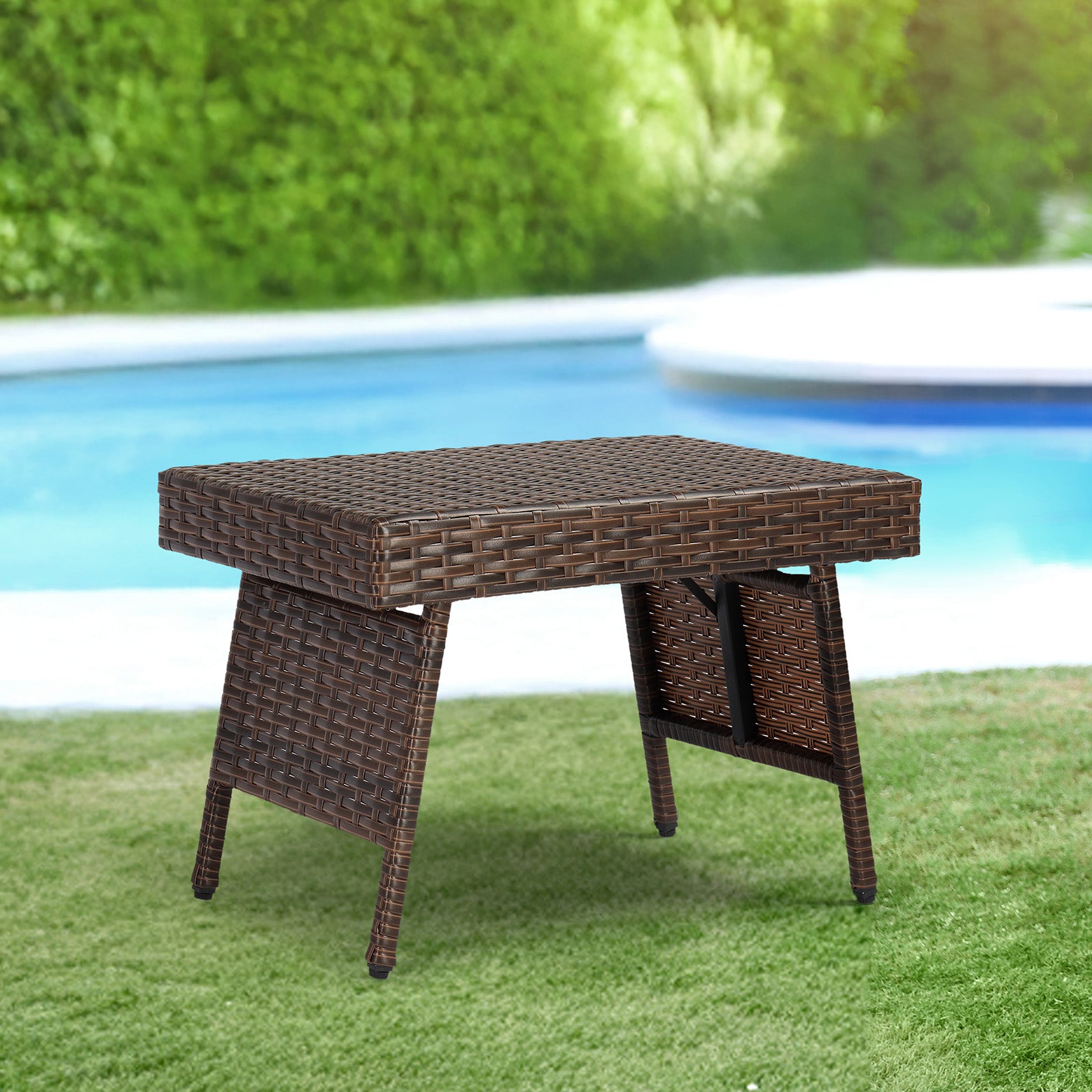 HAOYYE Outdoor Folding Side Table Patio Wicker Coffee Table with PE Rattan and Heavy Duty Steel Frame No Assembly Portable End Table for Garden Balcony Deck Poolside