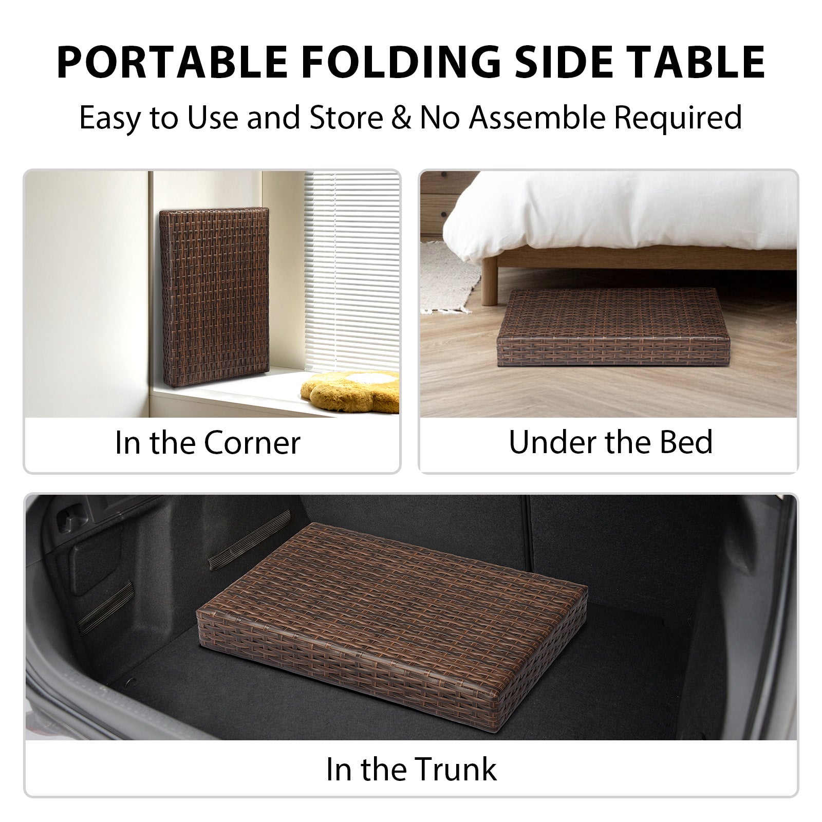 HAOYYE Outdoor Folding Side Table Patio Wicker Coffee Table with PE Rattan and Heavy Duty Steel Frame No Assembly Portable End Table for Garden Balcony Deck Poolside