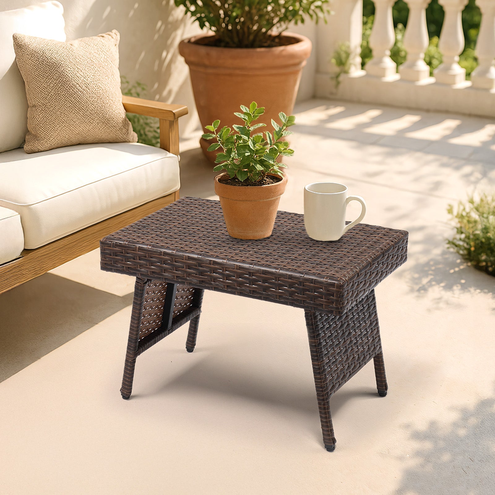 HAOYYE Outdoor Folding Side Table Patio Wicker Coffee Table with PE Rattan and Heavy Duty Steel Frame No Assembly Portable End Table for Garden Balcony Deck Poolside