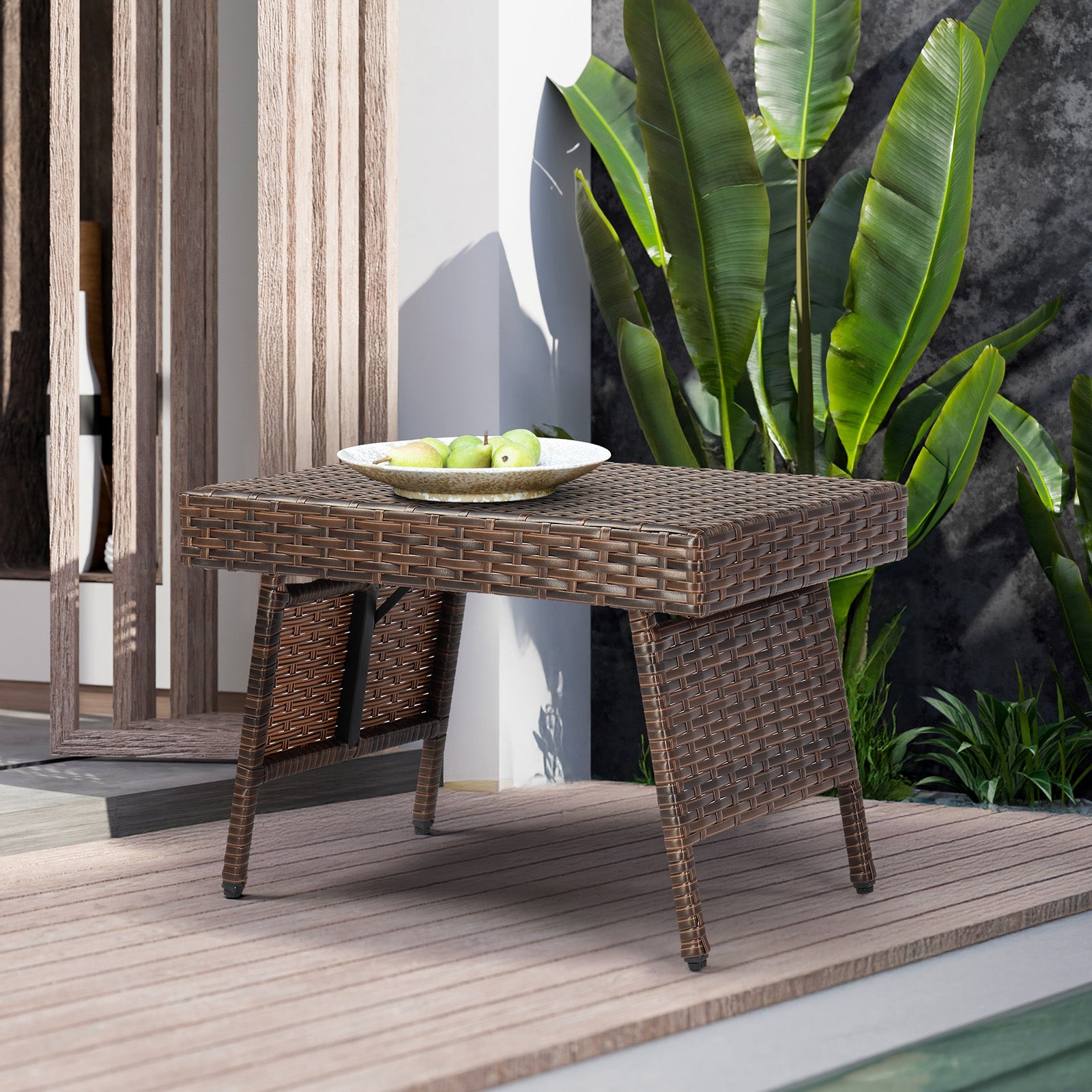 HAOYYE Outdoor Folding Side Table Patio Wicker Coffee Table with PE Rattan and Heavy Duty Steel Frame No Assembly Portable End Table for Garden Balcony Deck Poolside