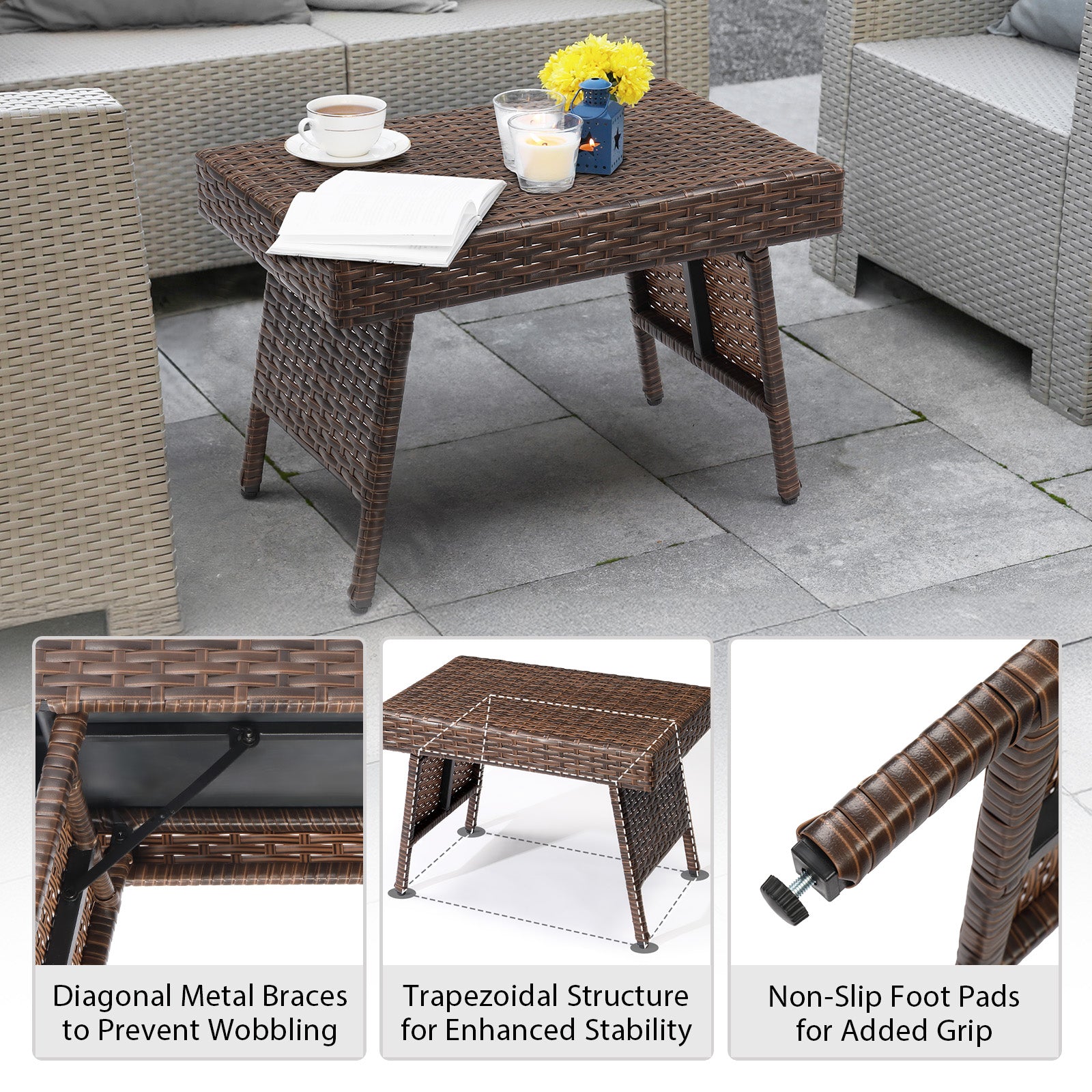 HAOYYE Outdoor Folding Side Table Patio Wicker Coffee Table with PE Rattan and Heavy Duty Steel Frame No Assembly Portable End Table for Garden Balcony Deck Poolside