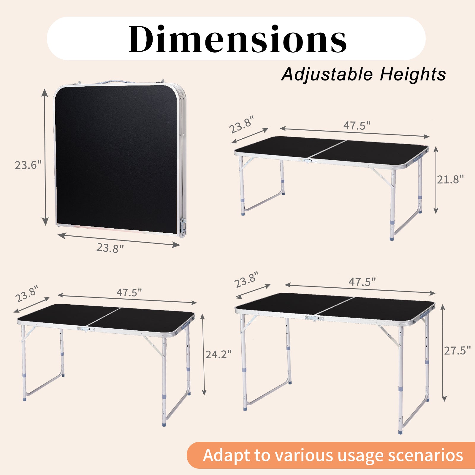 HAOYYE 4Ft Portable Multipurpose Folding Table, Lightweight Foldable Utility Table with Carry Handle, Sturdy Plastic Tabletop and Metal Legs, for Indoor Outdoor Use, Picnic, Camping, Party, Dining, Crafting, Backyard, Black