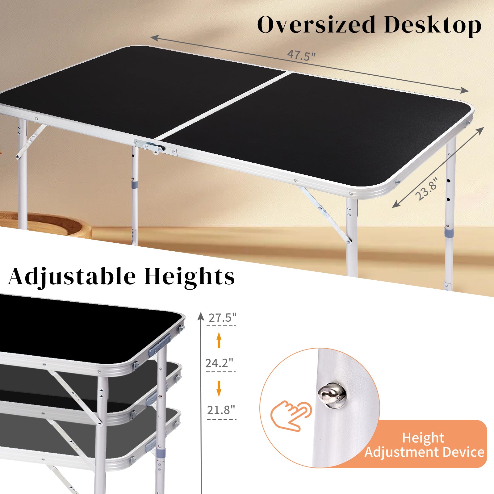 HAOYYE 4Ft Portable Multipurpose Folding Table, Lightweight Foldable Utility Table with Carry Handle, Sturdy Plastic Tabletop and Metal Legs, for Indoor Outdoor Use, Picnic, Camping, Party, Dining, Crafting, Backyard, Black