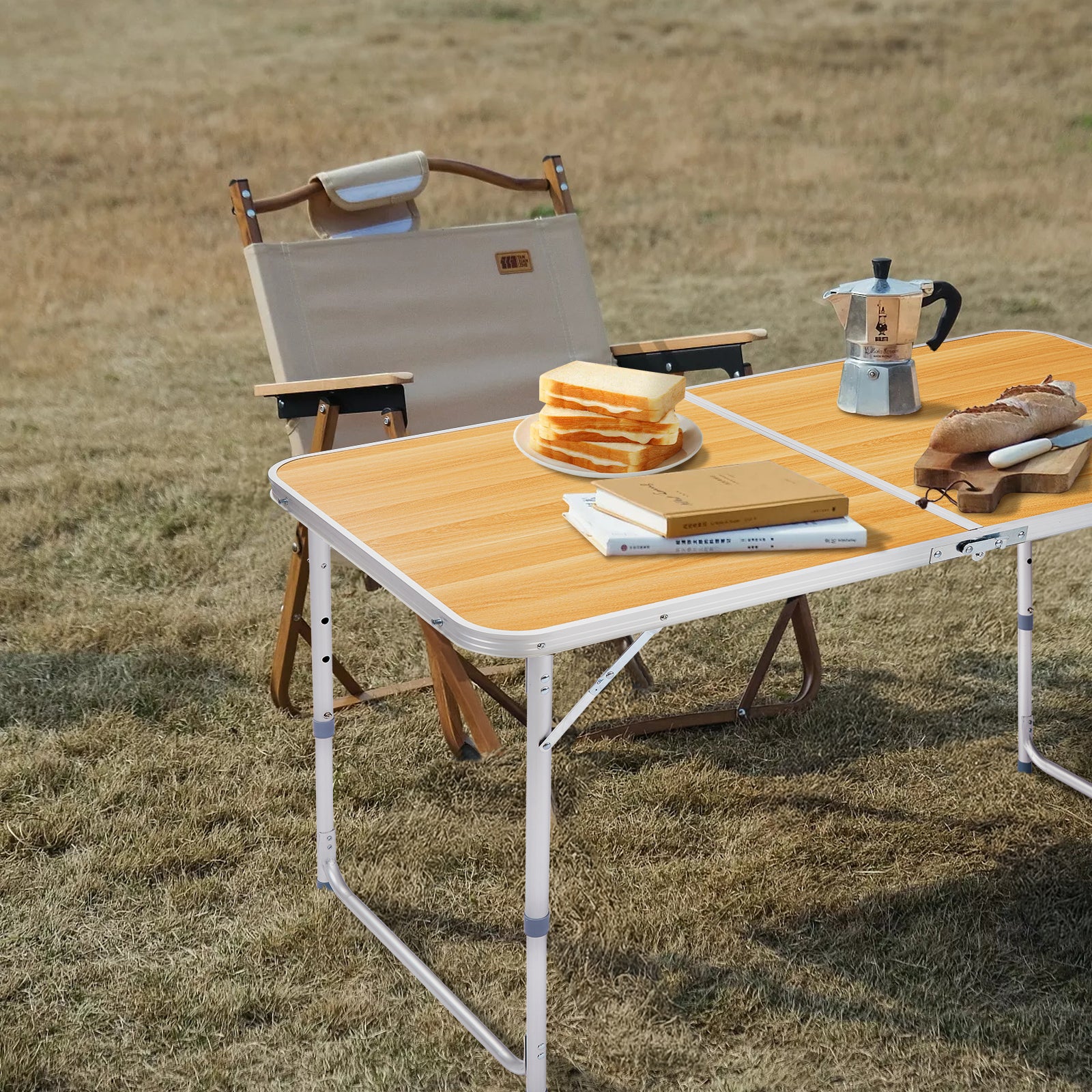 HAOYYE Portable Multipurpose Folding Table Wood Grain Color Lightweight Aluminum Camping Table with Handle Waterproof Scratch Resistant Surface for Outdoor Picnic BBQ Travel Indoor Home Office Use