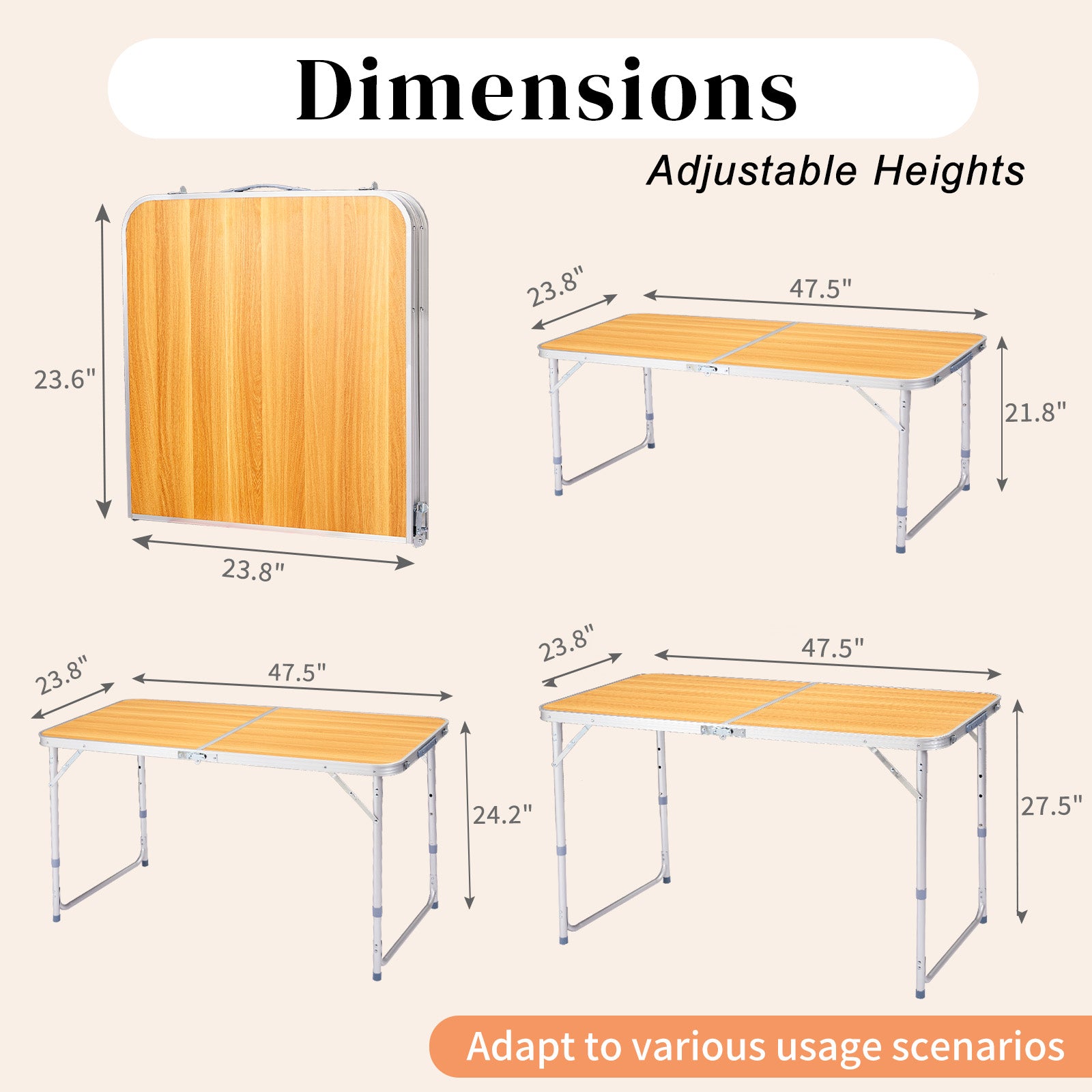 HAOYYE Portable Multipurpose Folding Table Wood Grain Color Lightweight Aluminum Camping Table with Handle Waterproof Scratch Resistant Surface for Outdoor Picnic BBQ Travel Indoor Home Office Use