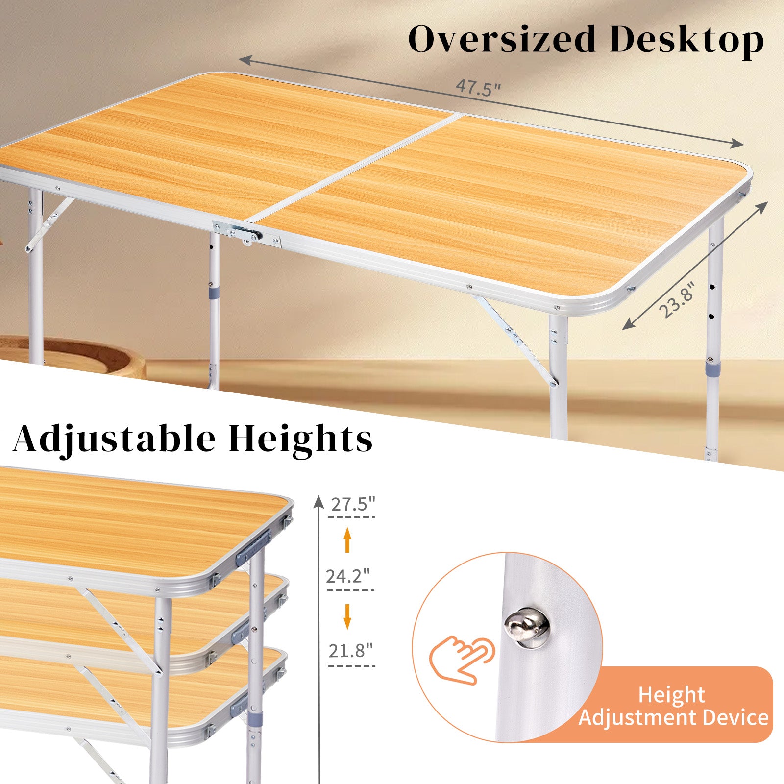 HAOYYE Portable Multipurpose Folding Table Wood Grain Color Lightweight Aluminum Camping Table with Handle Waterproof Scratch Resistant Surface for Outdoor Picnic BBQ Travel Indoor Home Office Use
