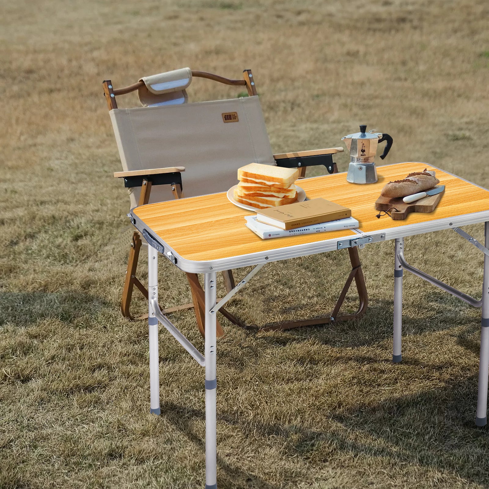 HAOYYE Aluminum Alloy Folding Table Wood Grain Color Lightweight Portable Picnic Table with Carry Handle Adjustable Height Waterproof Surface for Camping BBQ Indoor Outdoor Travel Events