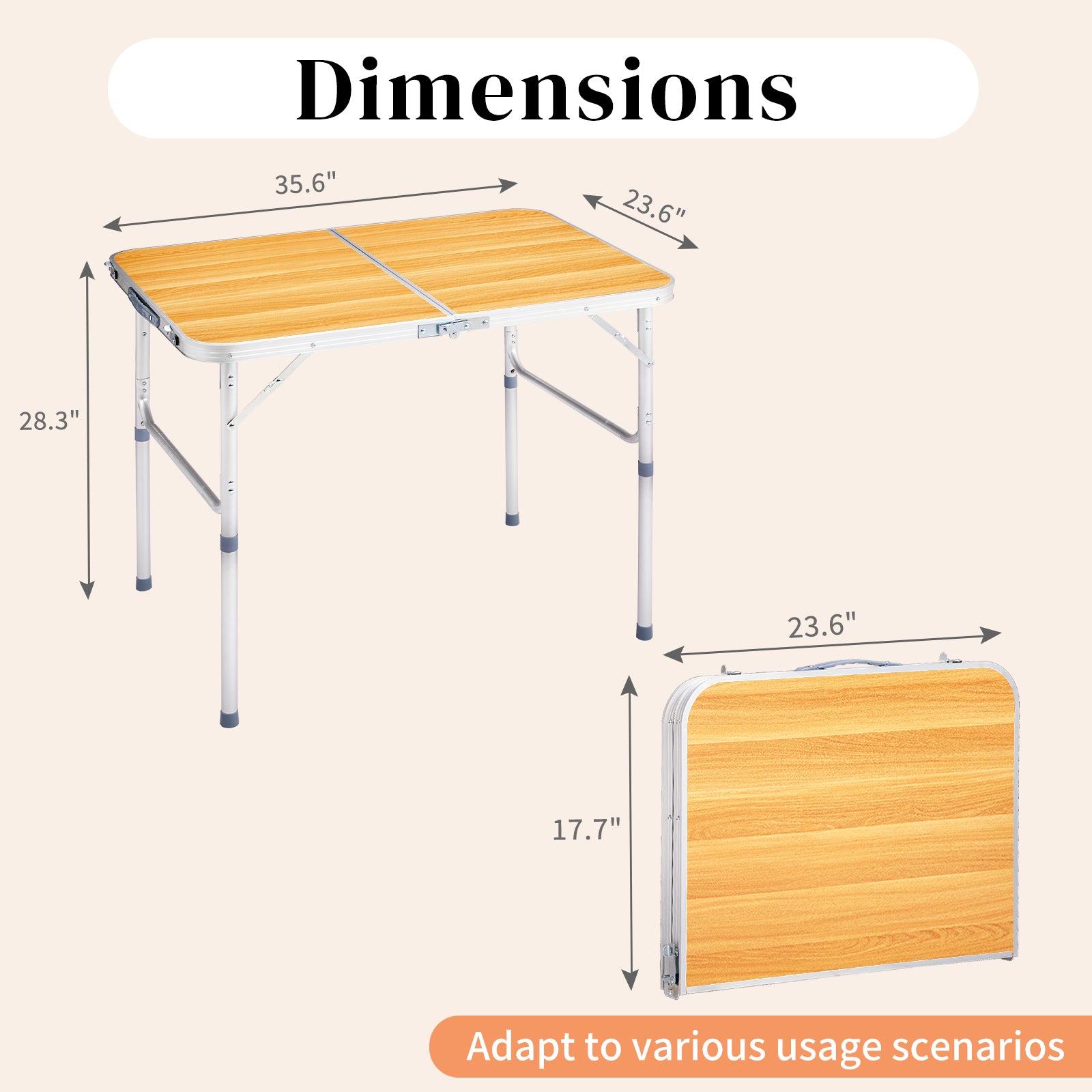 HAOYYE Aluminum Alloy Folding Table Wood Grain Color Lightweight Portable Picnic Table with Carry Handle Adjustable Height Waterproof Surface for Camping BBQ Indoor Outdoor Travel Events