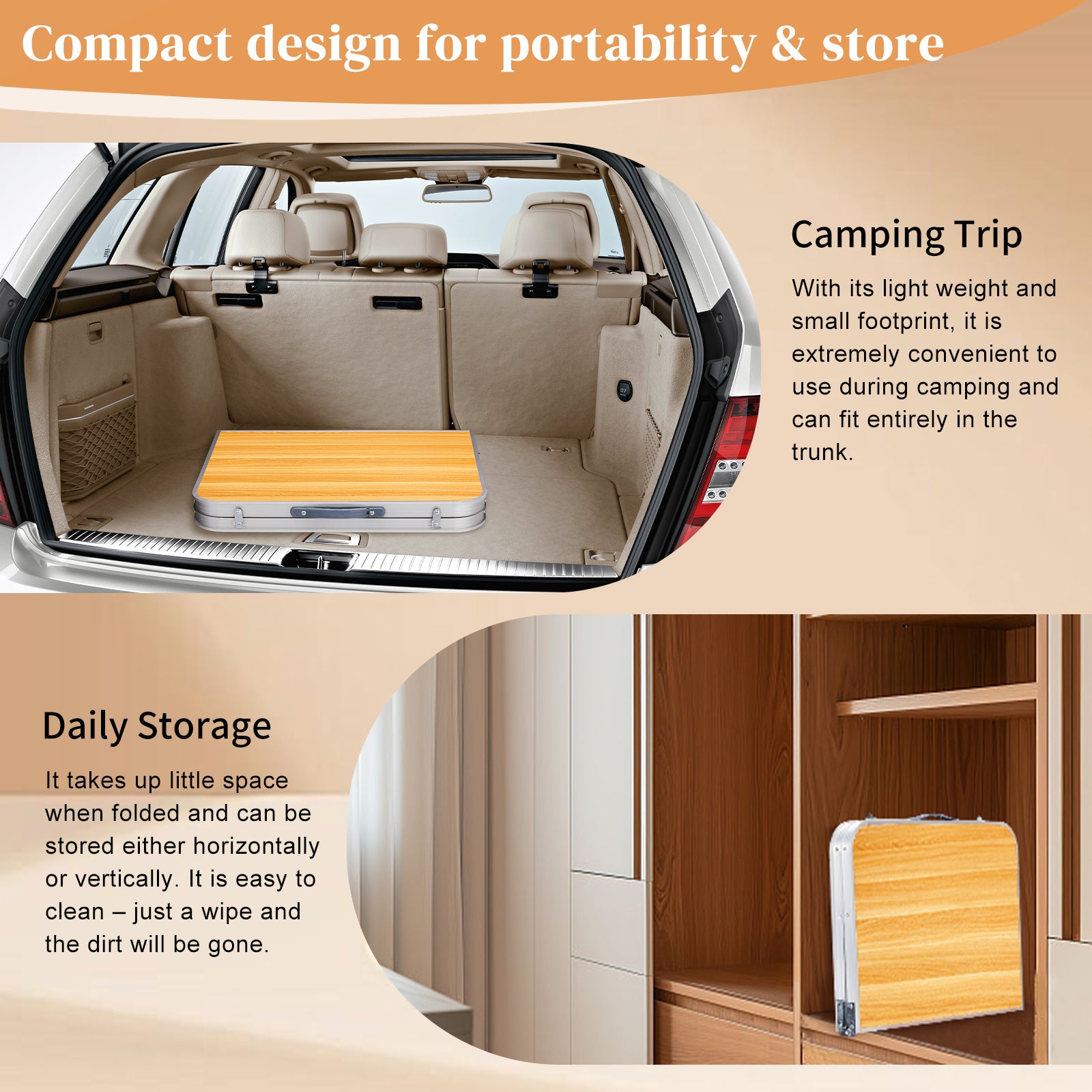 HAOYYE Aluminum Alloy Folding Table Wood Grain Color Lightweight Portable Picnic Table with Carry Handle Adjustable Height Waterproof Surface for Camping BBQ Indoor Outdoor Travel Events